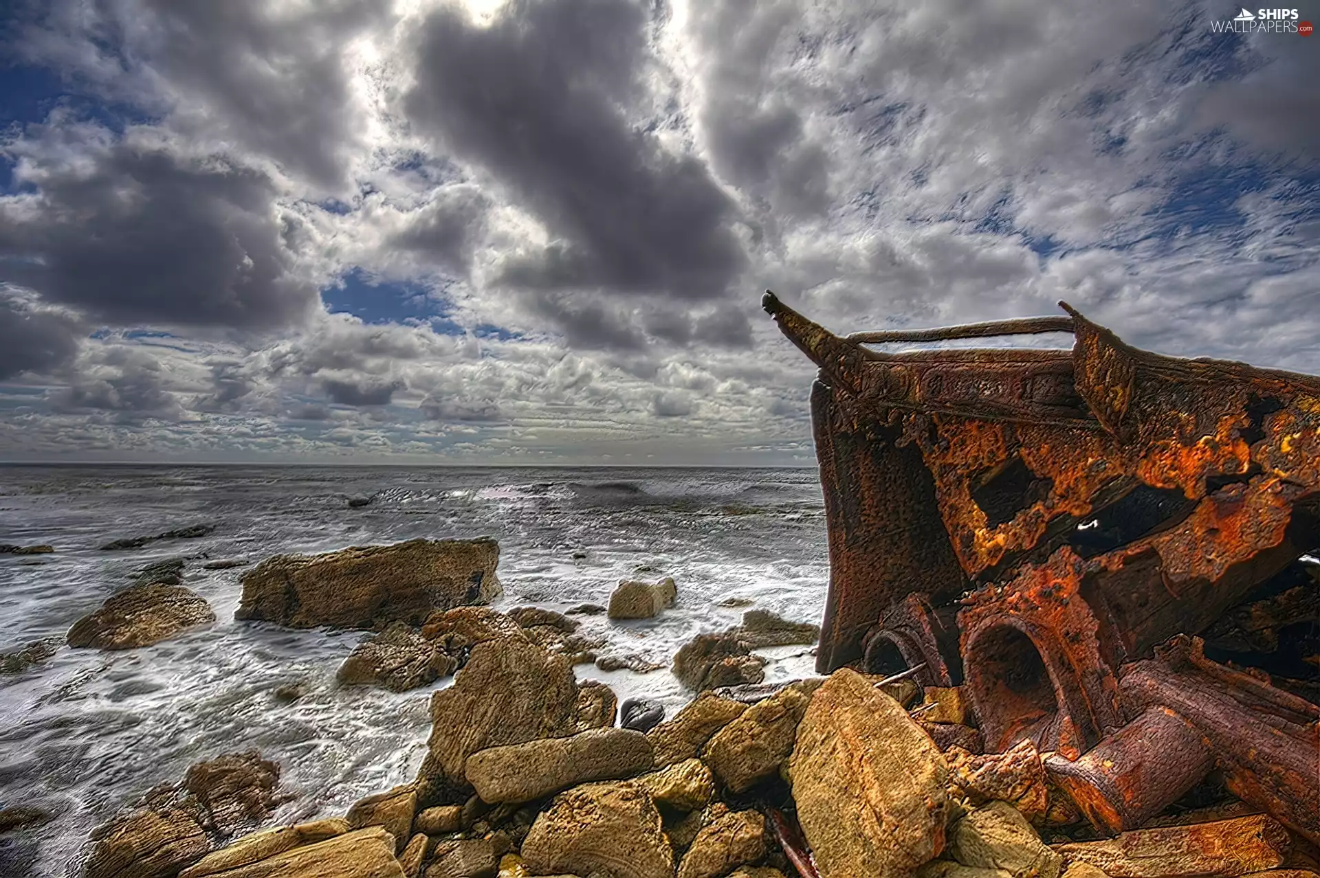 wreck, ship, rocks, clouds, sea