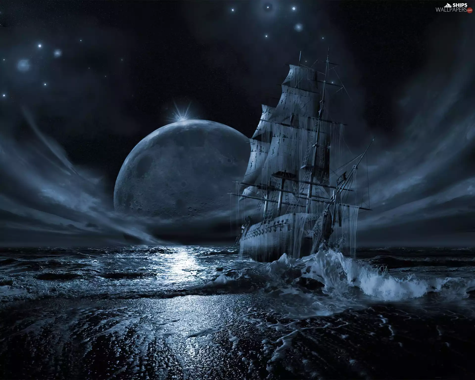 sea, ghost, moon, Ship