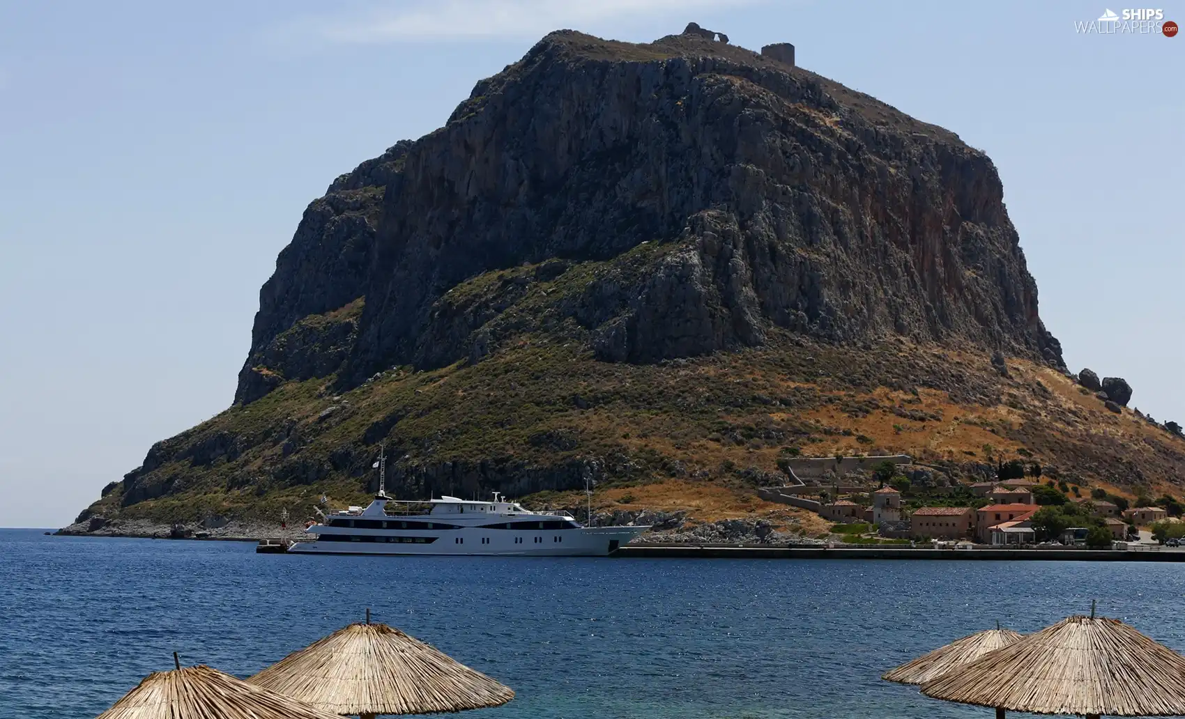 Ship, mountains, sea