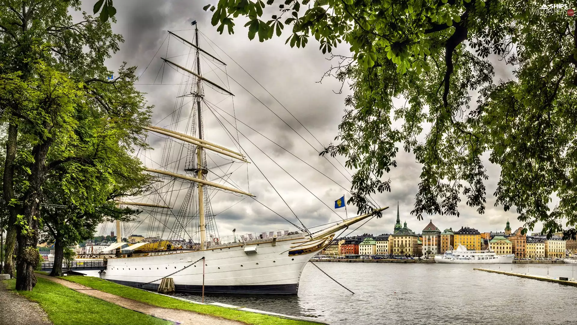 Ship, sailing vessel, pier, Park, panorama, town, trees, viewes, Way