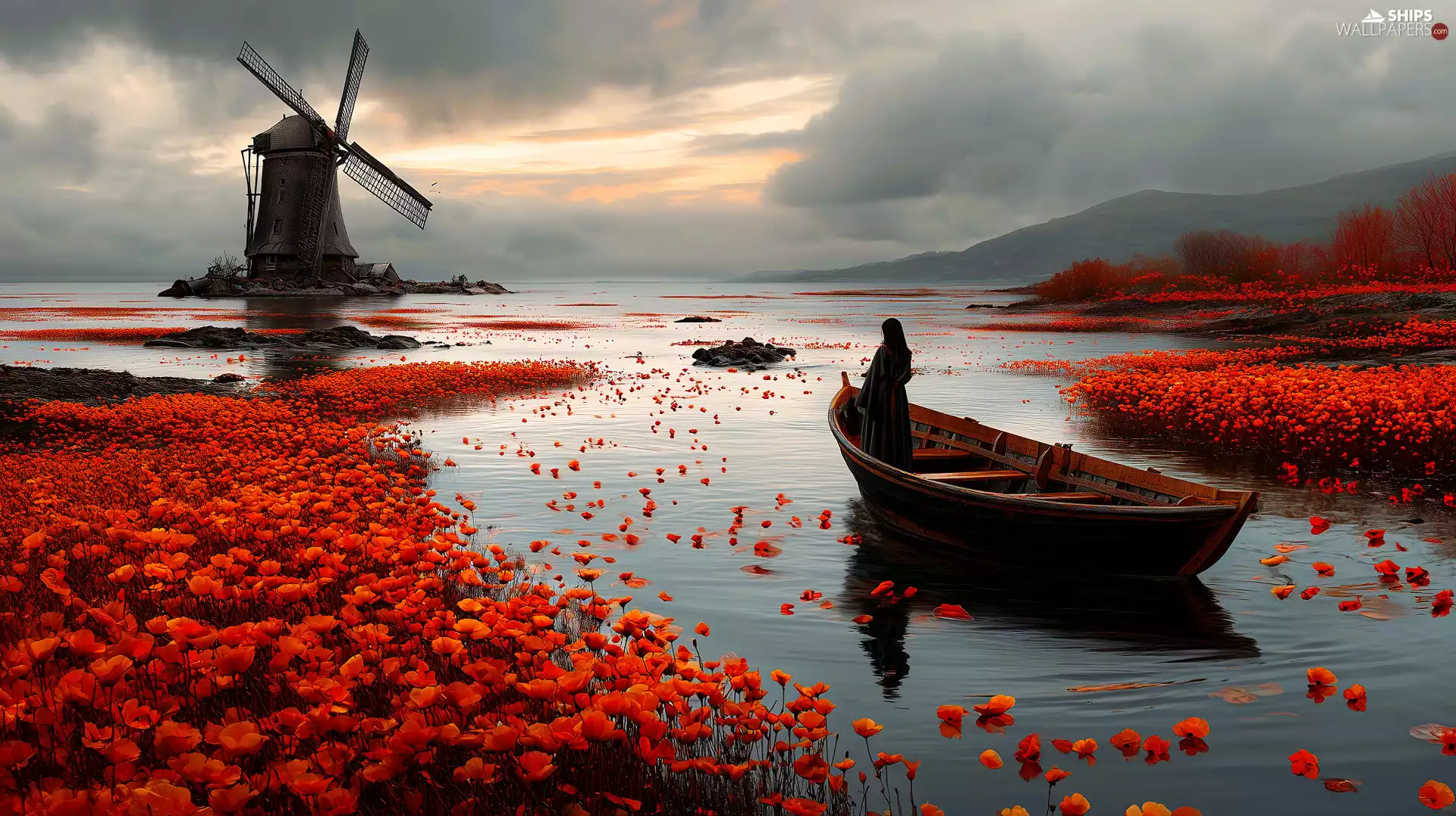girl, lake, Windmill, Sky, papavers, Boat