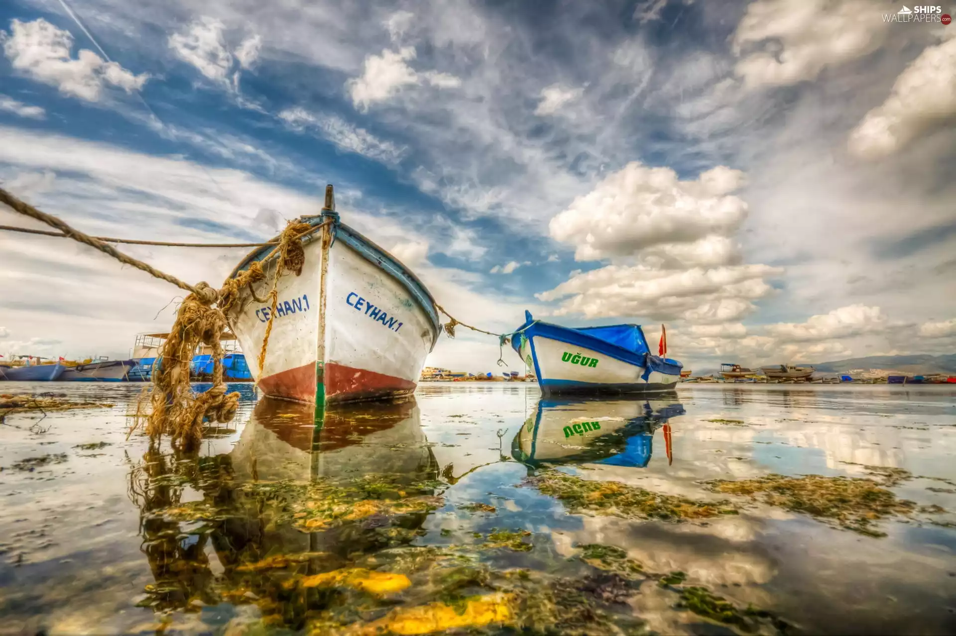 clouds, Beaches, Boats, Sky, sea, Two, reflection