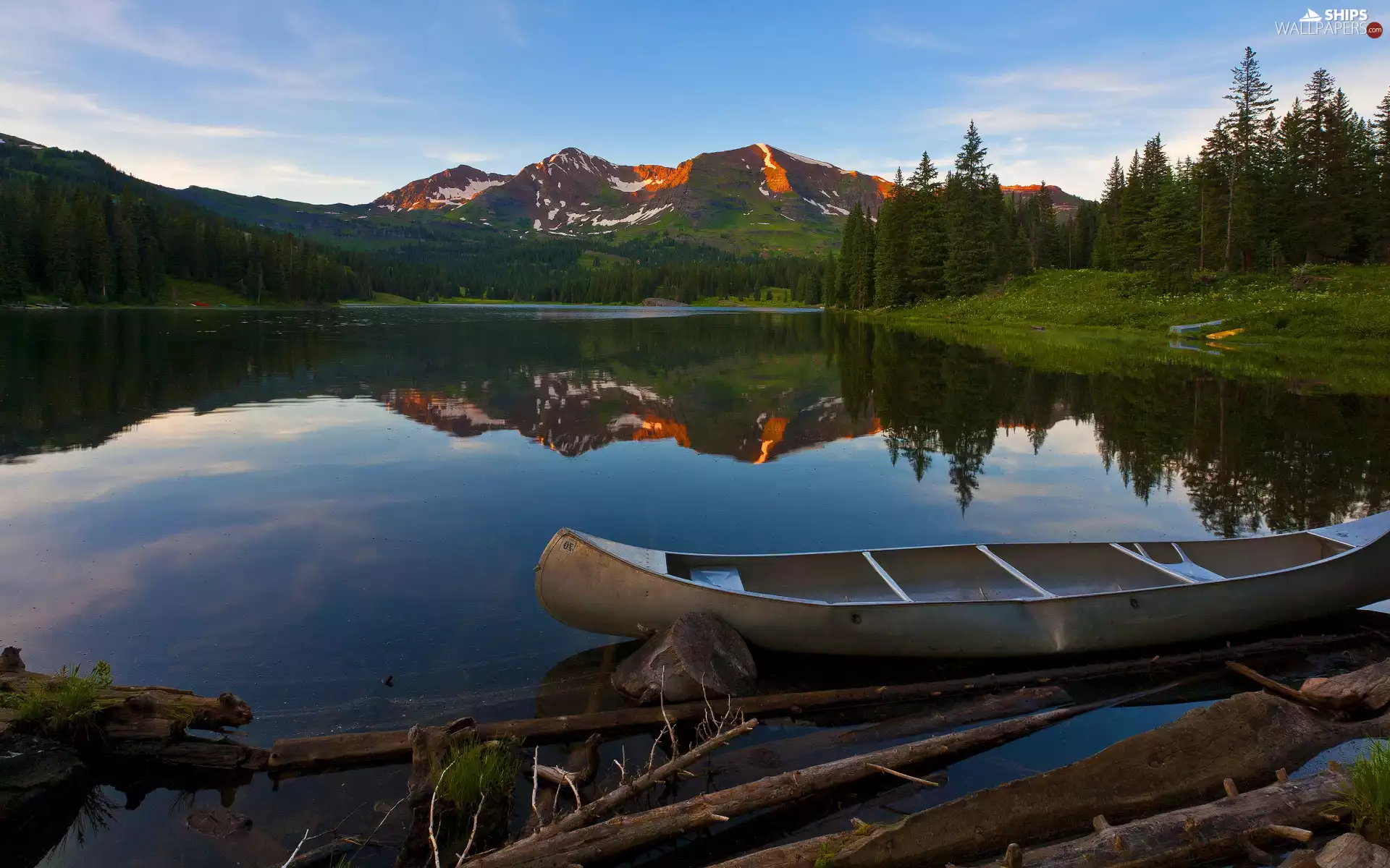 Sky, trees, Mountains, Boat, lake, forest, viewes, Logs, coast, reflection
