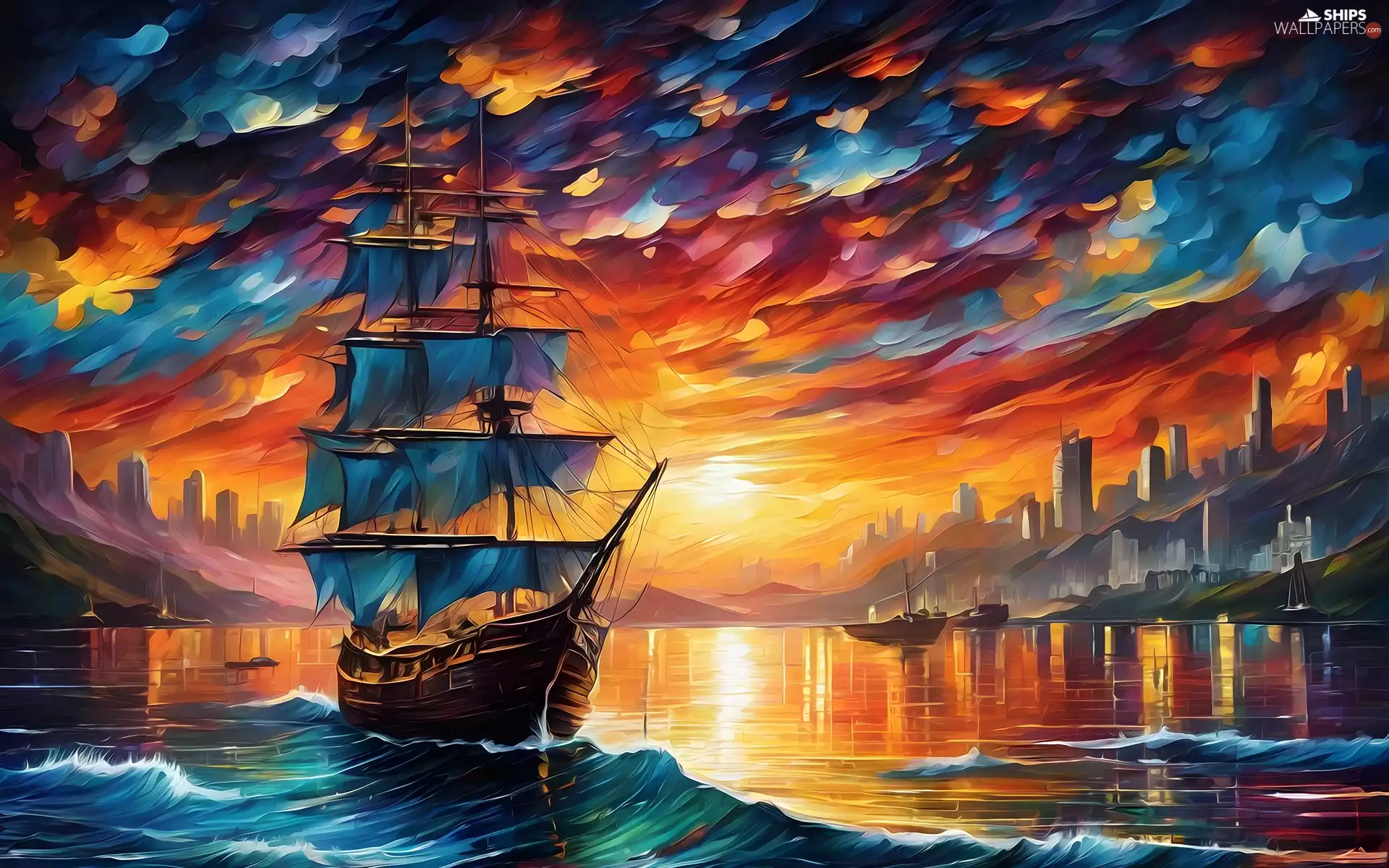 sailing vessel, graphics, Sky, color, skyscrapers, sea