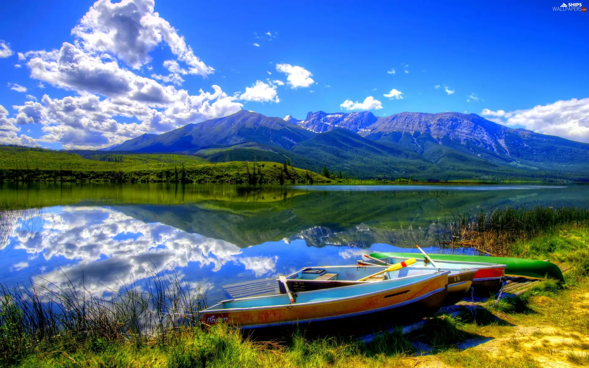Mountains, Sky, paddle, lake, Boats