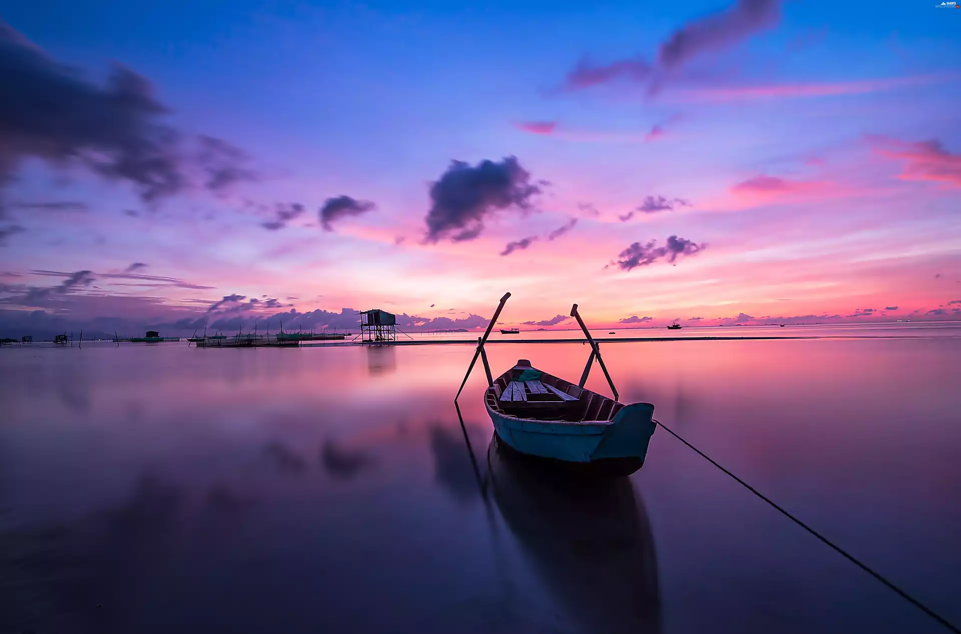 Boat, Island, clouds, Sky, dawn, sea