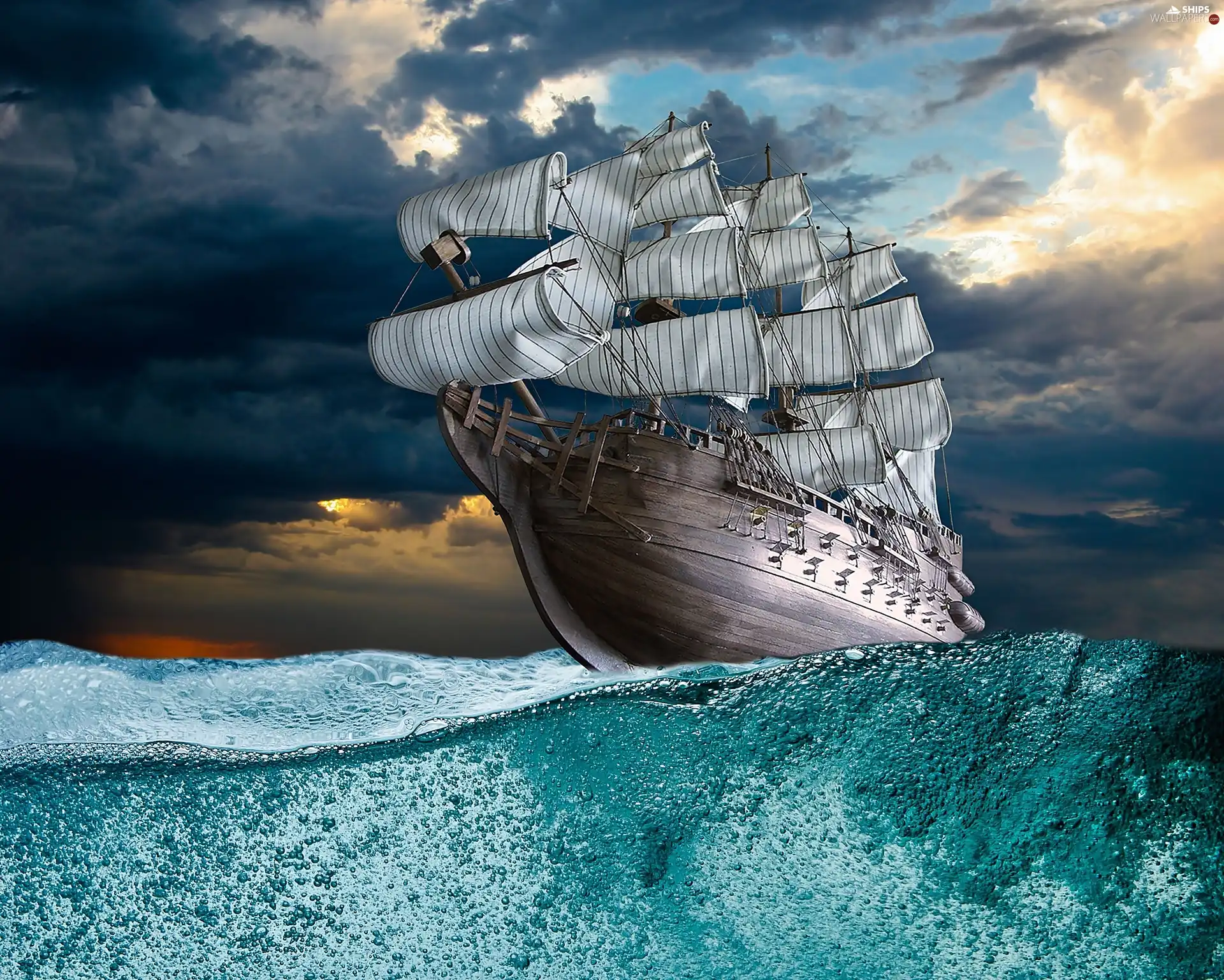 Ship, water, Sky, sails