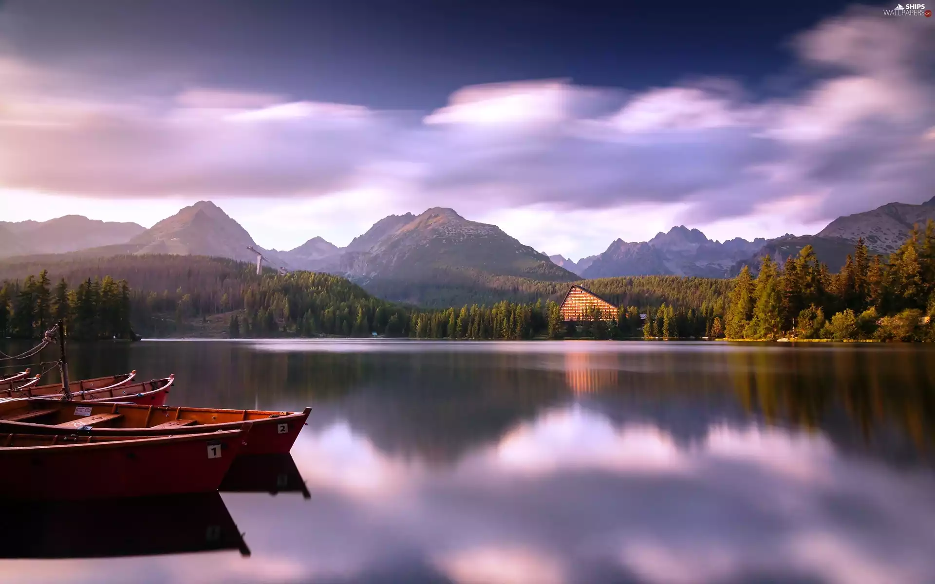 clouds, Slovakia, lake, forest, boats