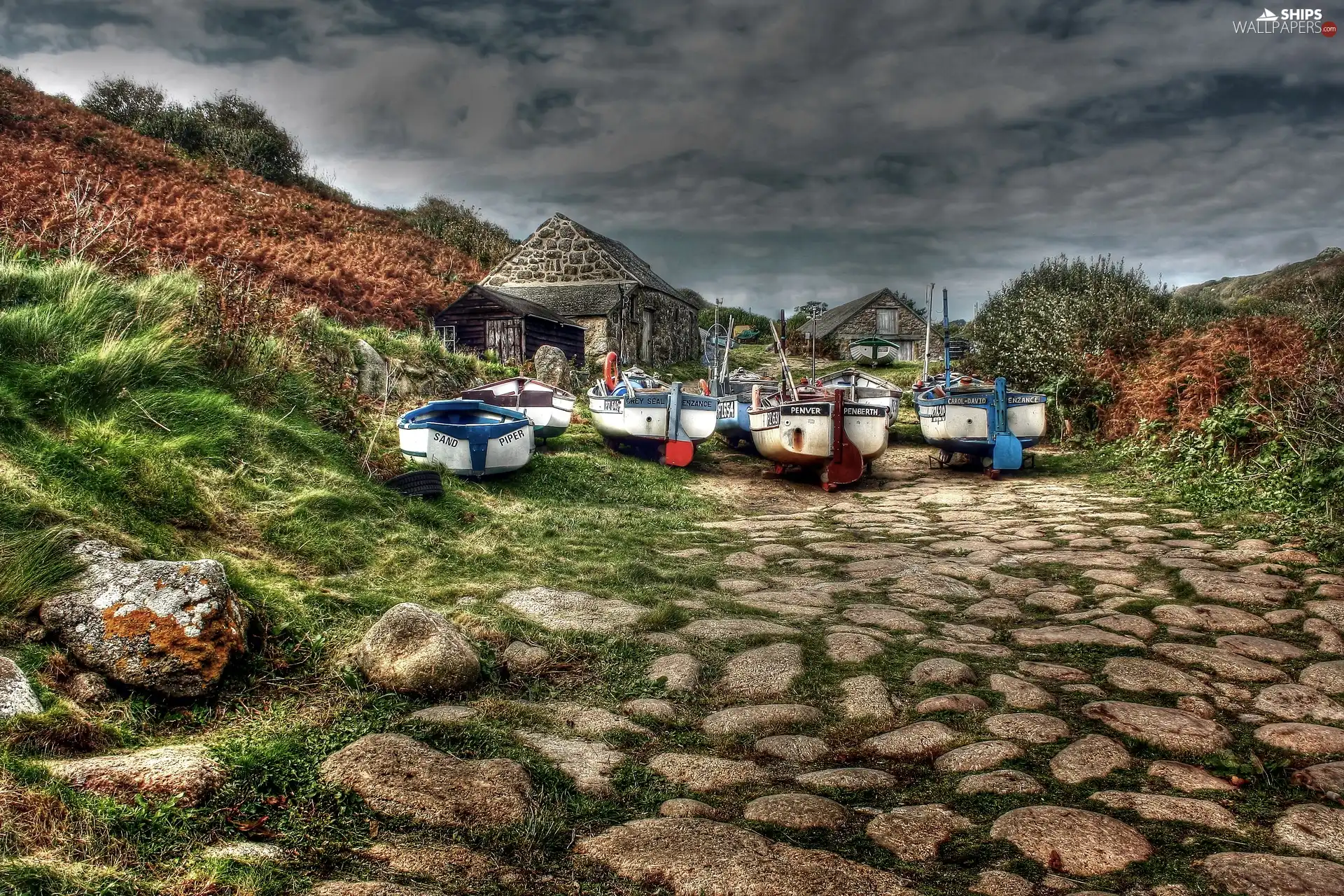 boats, Way, Stones, Houses