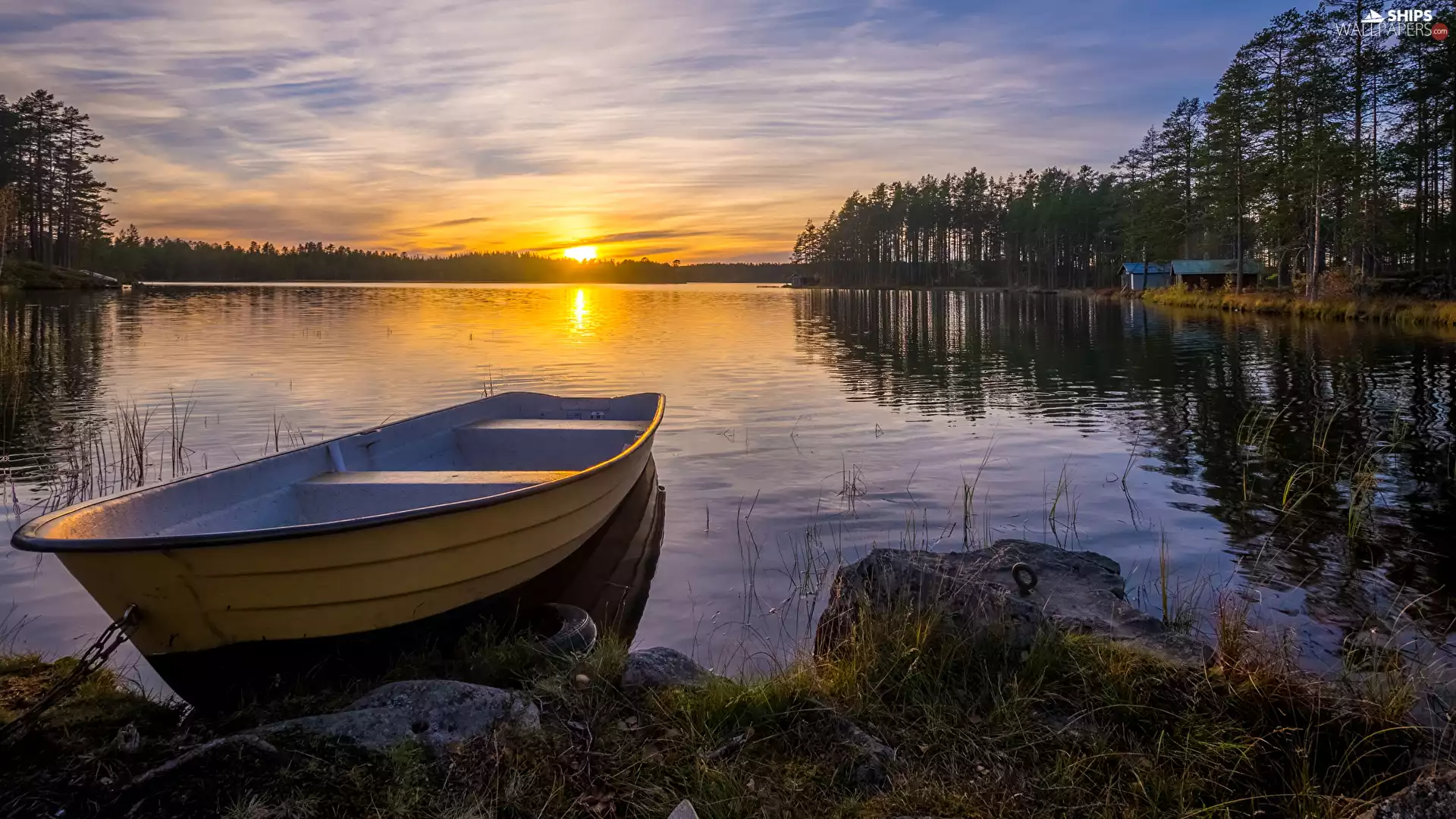 Boat, Sunrise, viewes, Stones, trees, lake