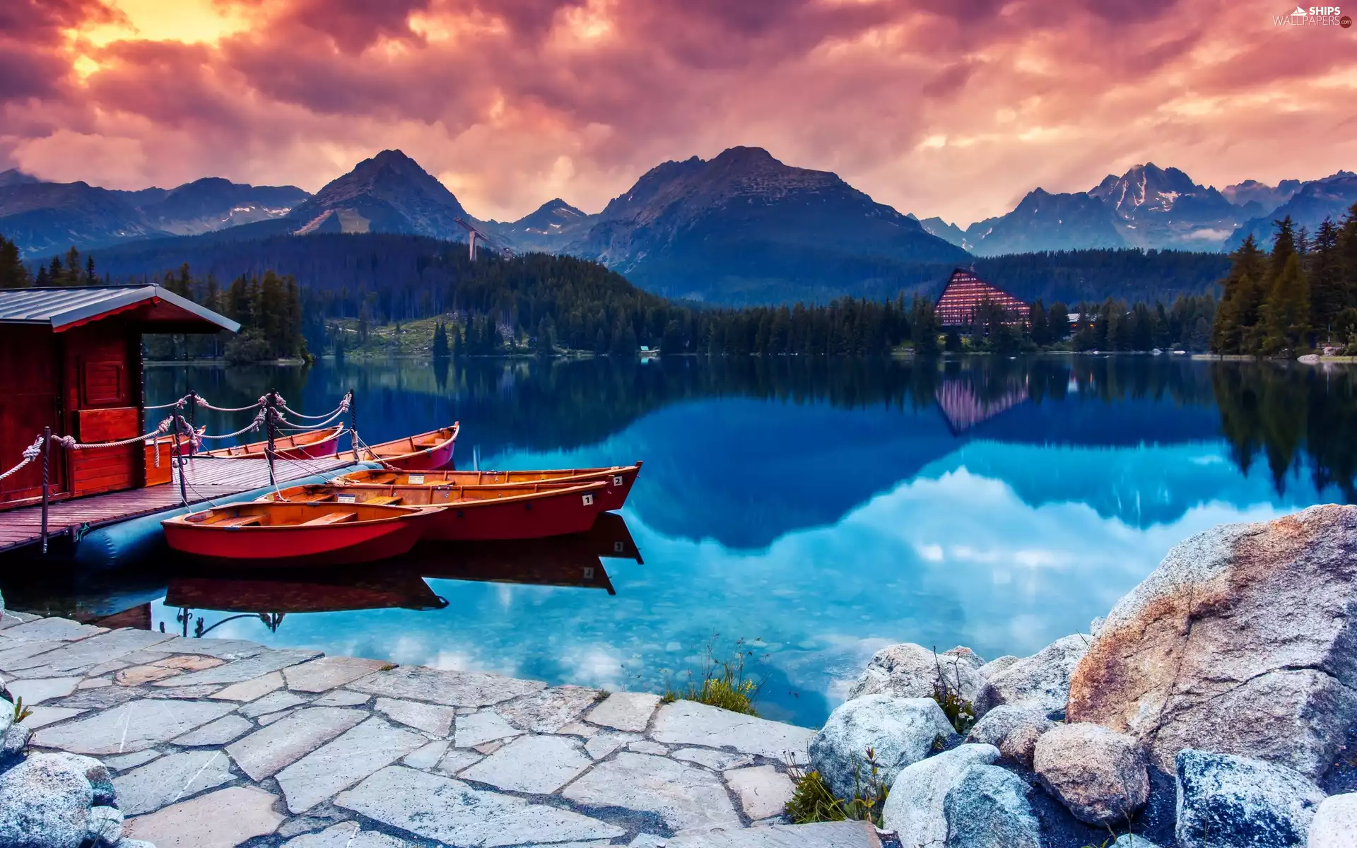 boats, Home, woods, Stones, lake, Mountains, clouds
