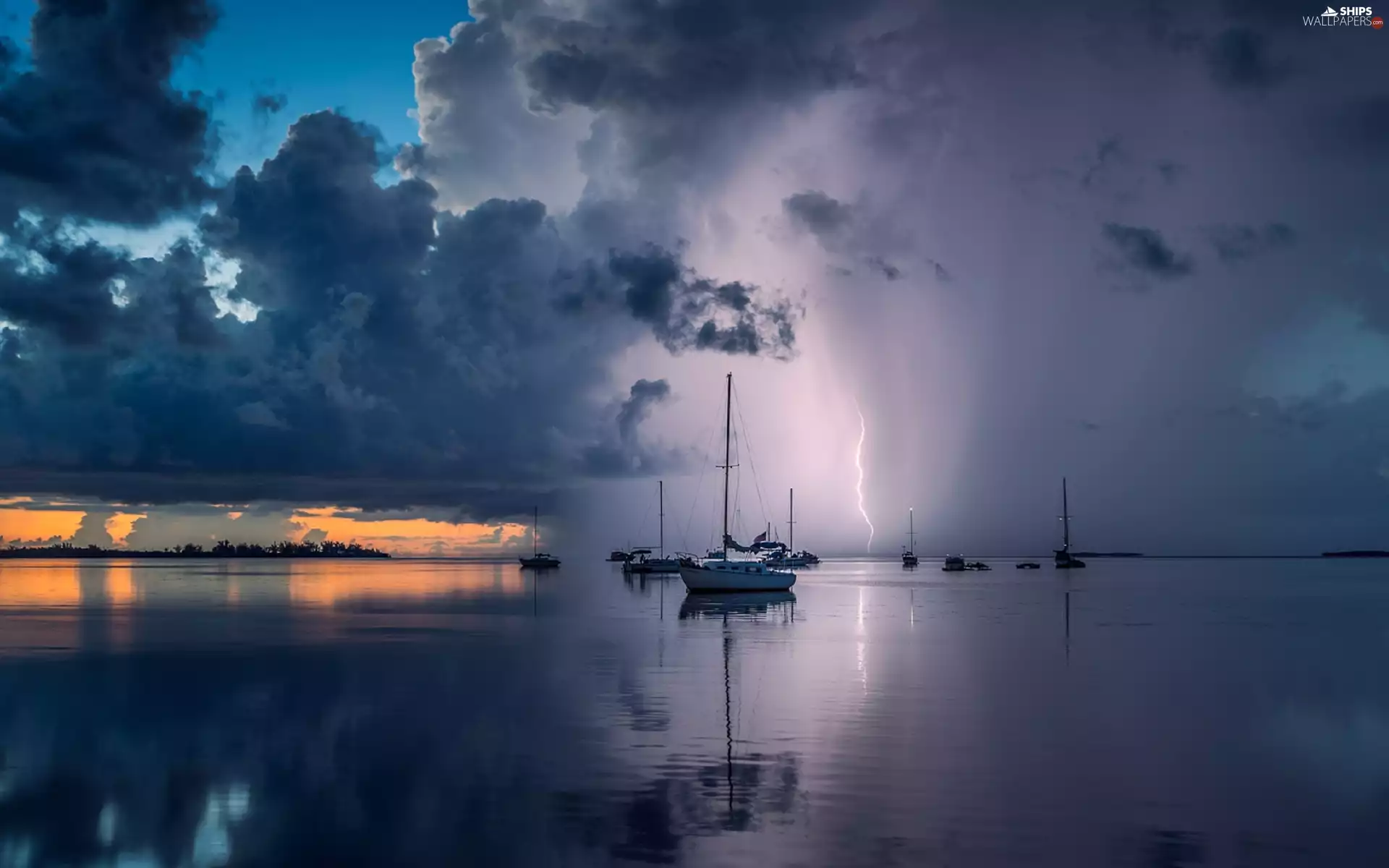 sea, Yachts, lightning, Storm