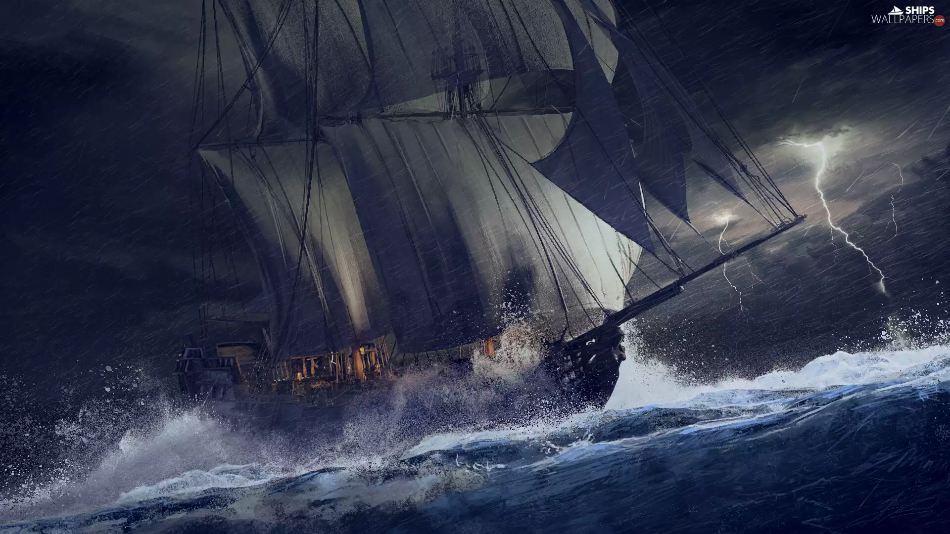 Lightning, Waves, sea, Storm, sailing vessel