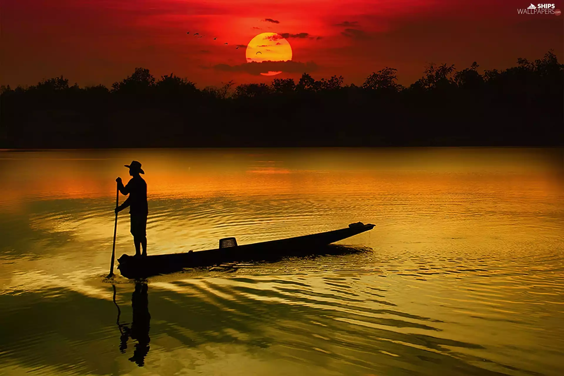 west, sun, Boat, lake, Human