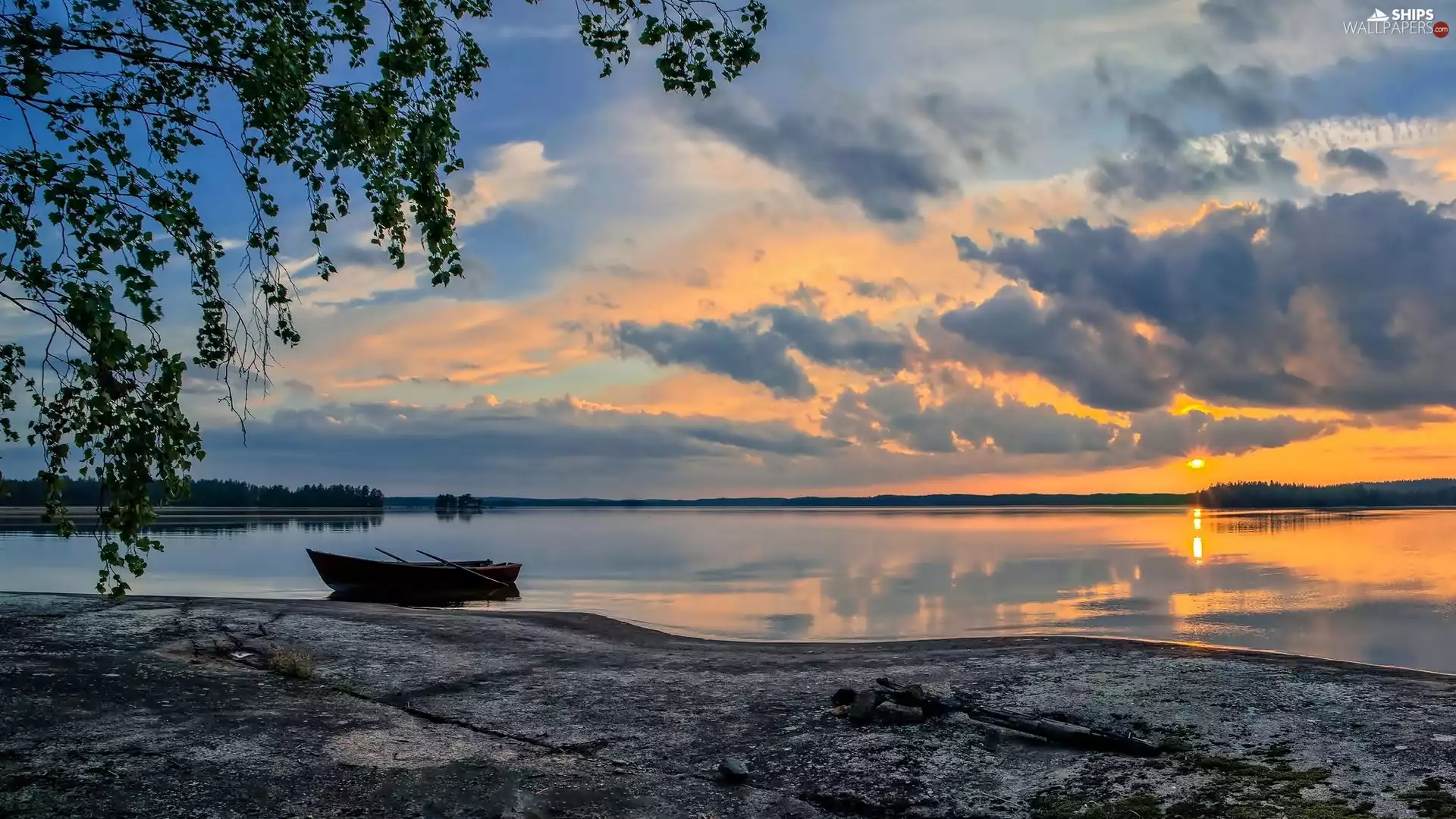 woods, lake, west, sun, clouds, Boat