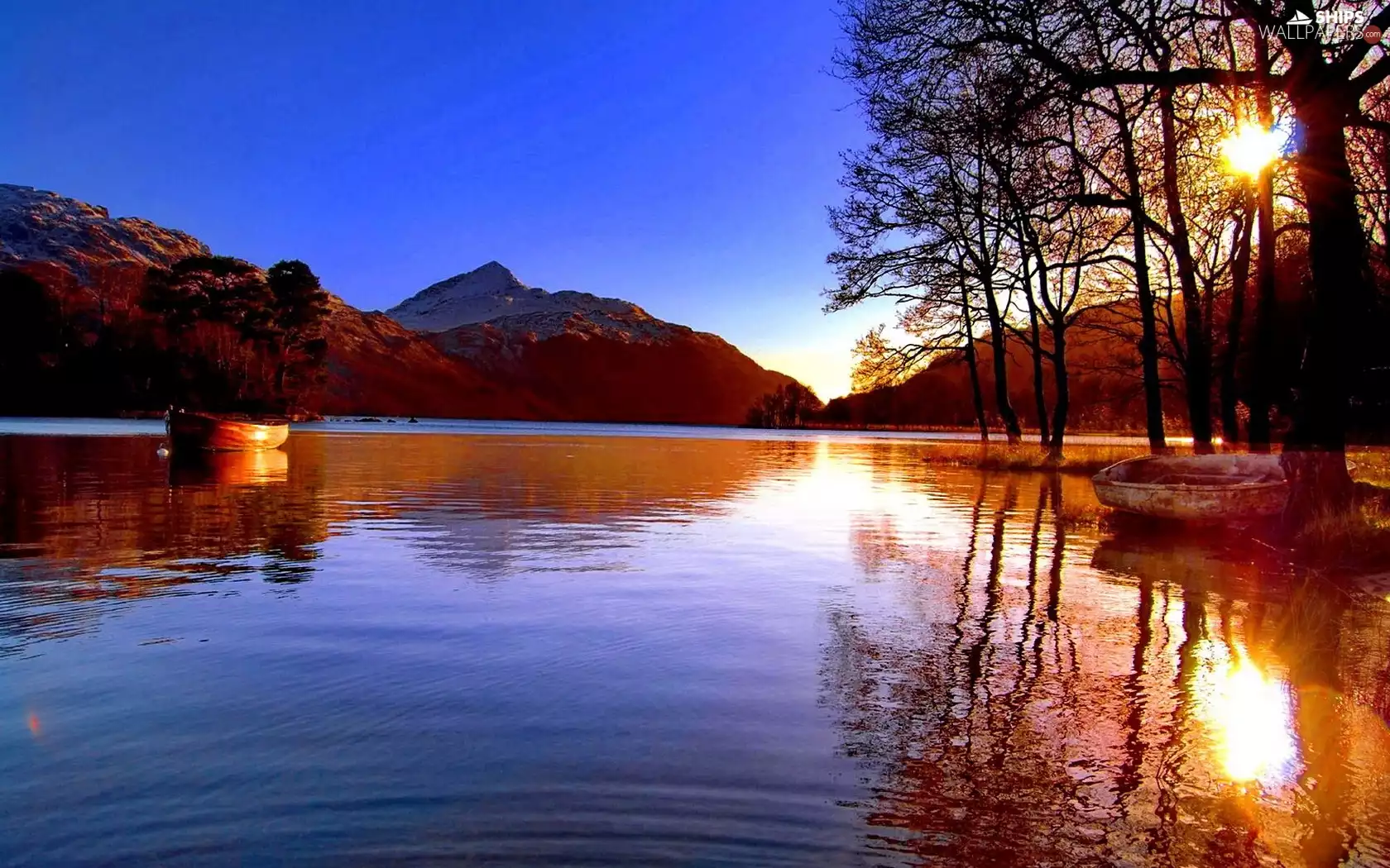 rays, sun, Boats, Mountains, lake