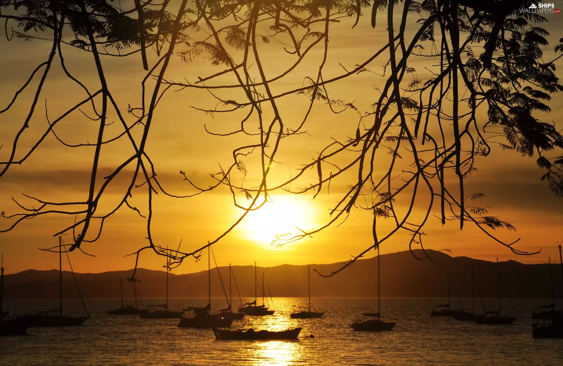 west, sun, Boats, Mountains, lake