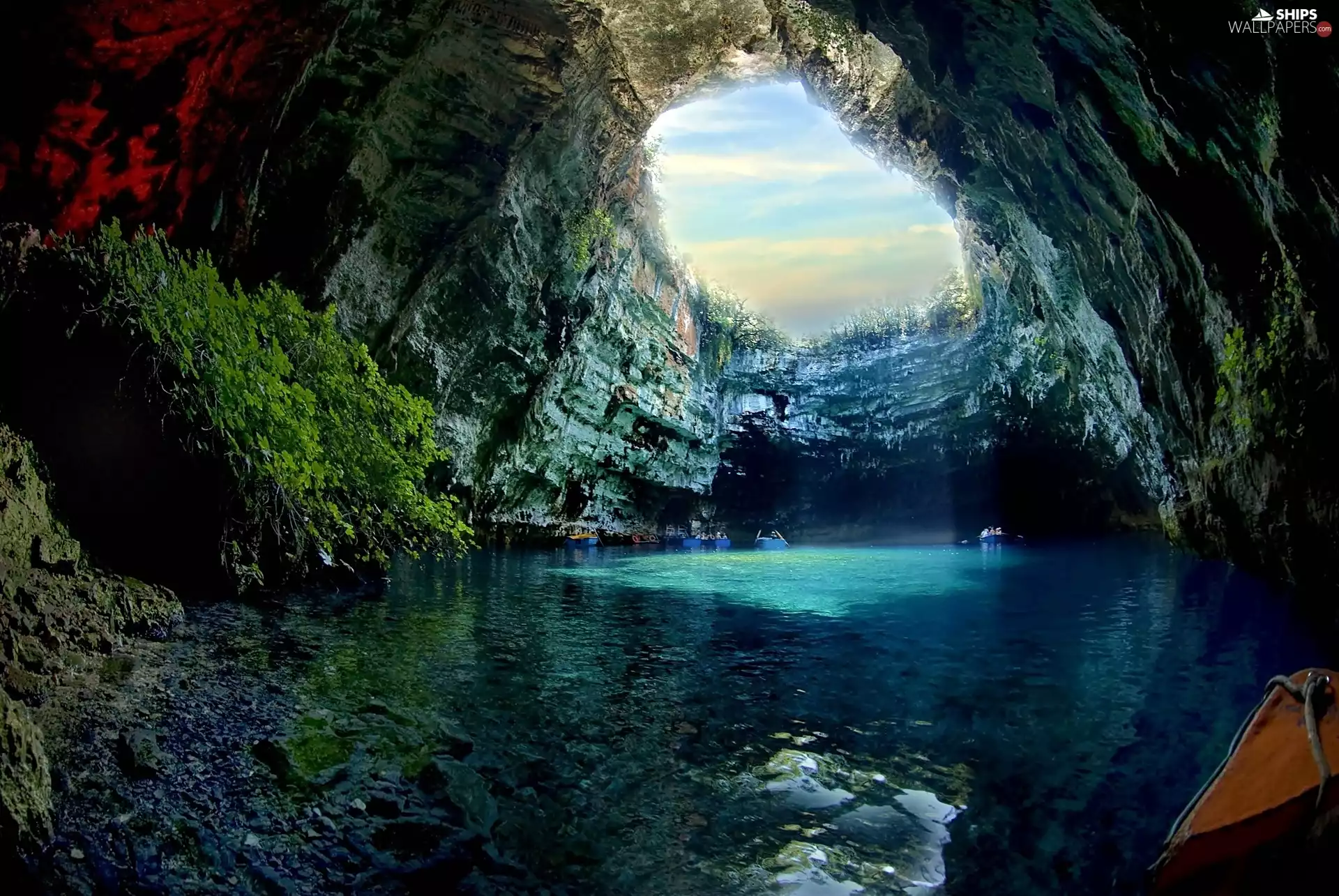 sun, lake, boats, luminosity, Przebijające, cave, rocks, VEGETATION, flash, ligh