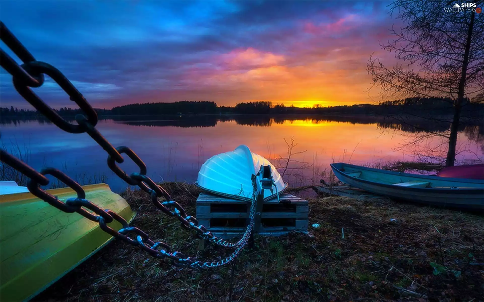 west, sun, lake, woods, Boats