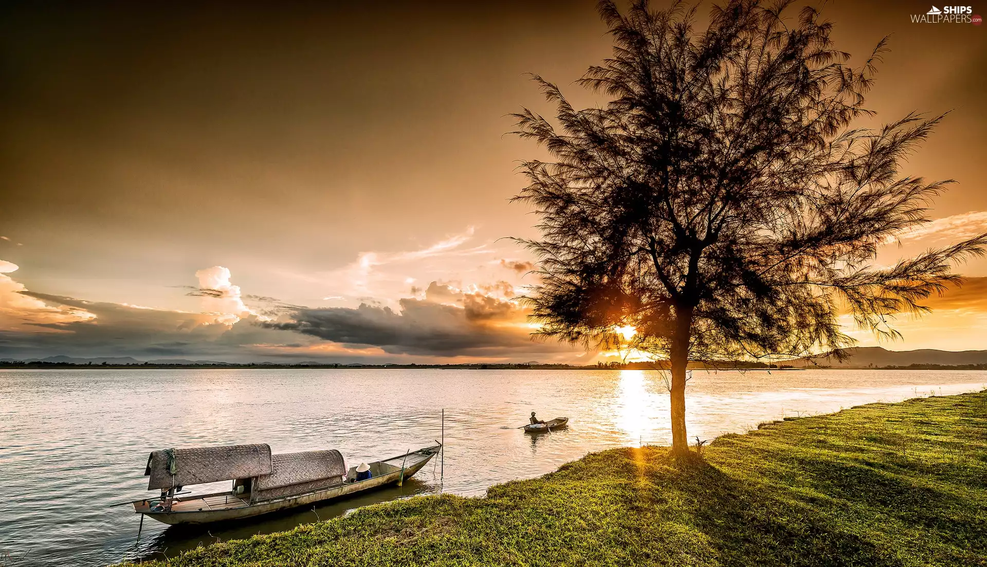 boats, Asia, east, sun, trees, lake