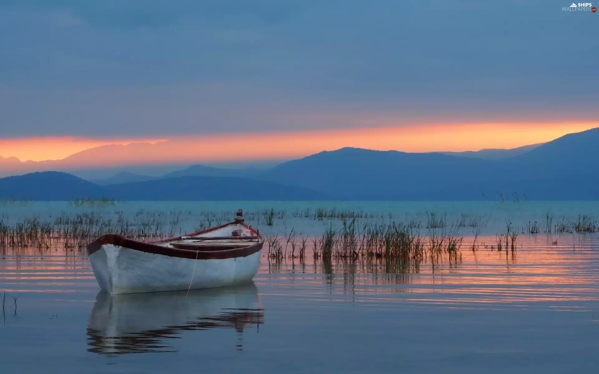 Boat, lake, east, sun, grass, Mountains