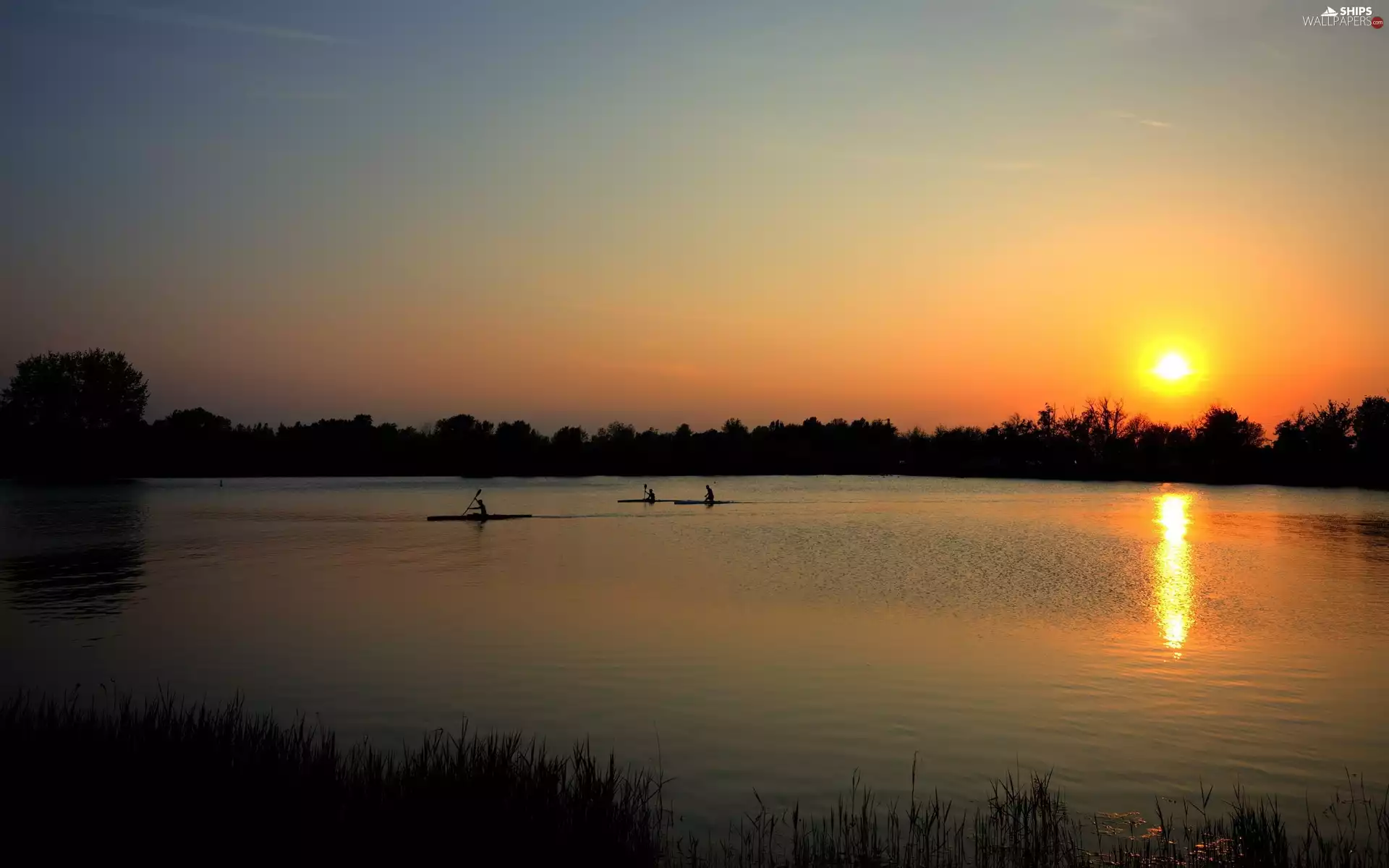 Kayaks, lake, west, sun, forest, People
