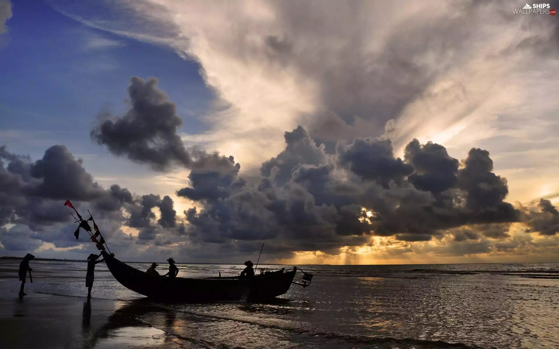 sea, Fishermen, rays, Beaches, bath-tub, clouds, sun