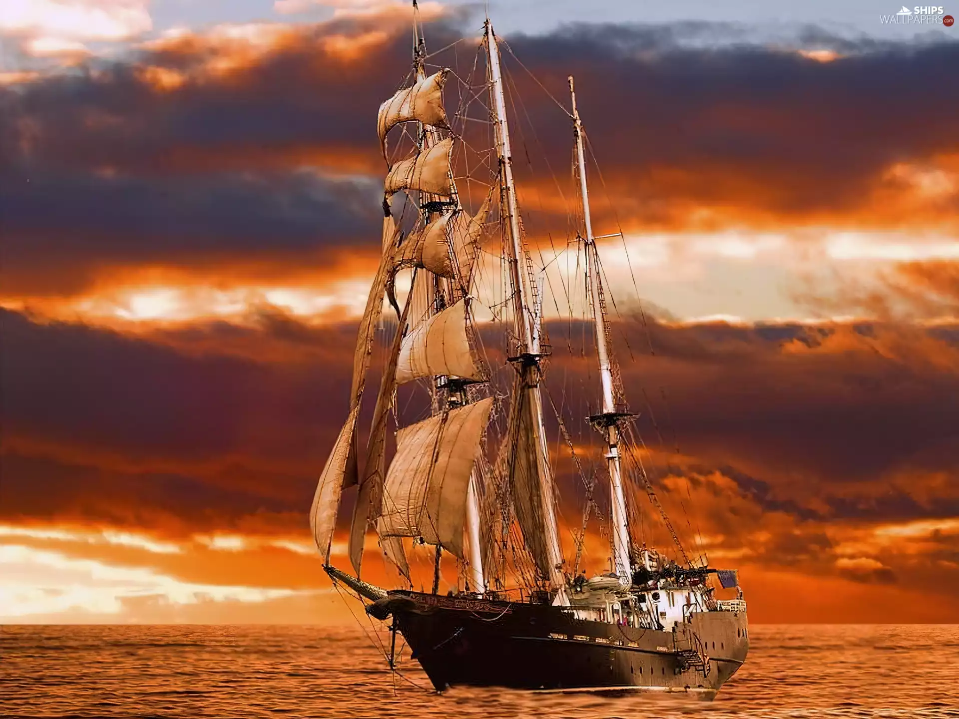 clouds, sun, sailing vessel, west