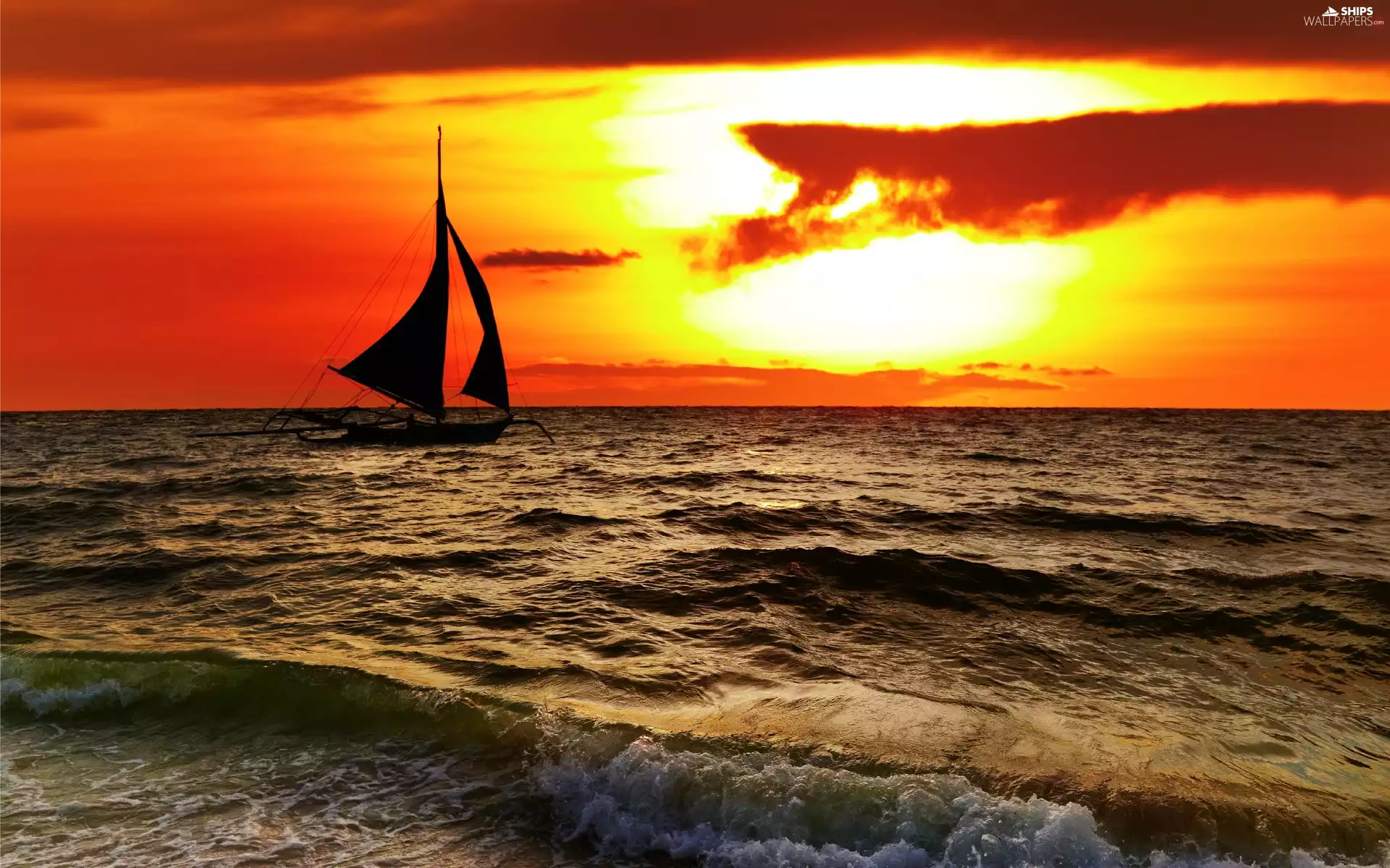 west, sun, sea, Waves, Boat