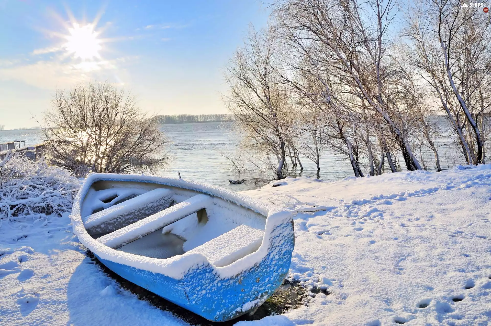 Boat, winter, rays, sun, lake, snow