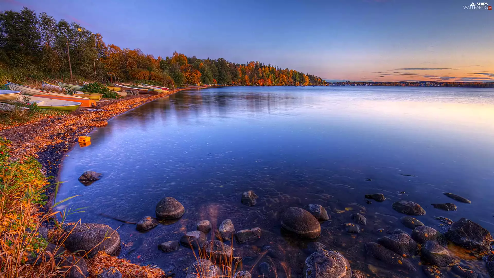 boats, lake, east, sun, forest, Stones