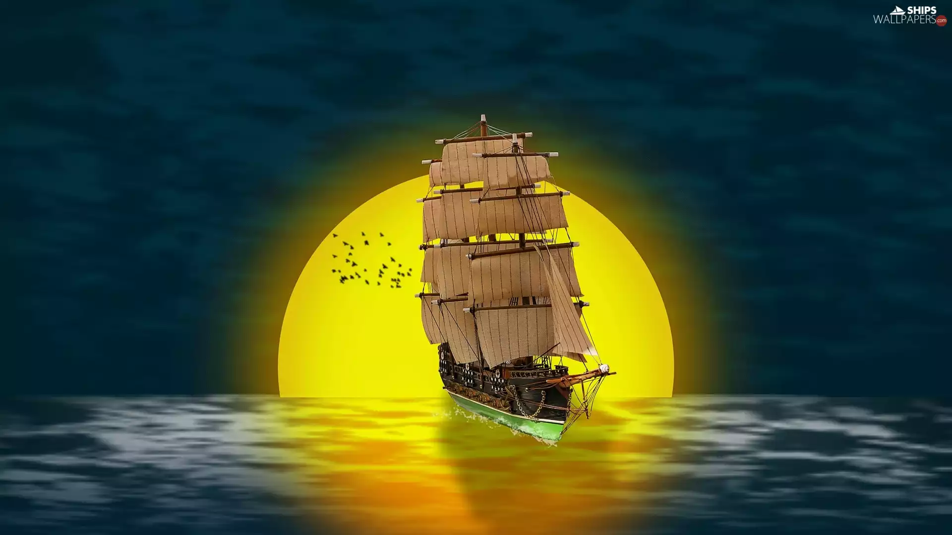 birds, 2D, sea, sun, sailing vessel