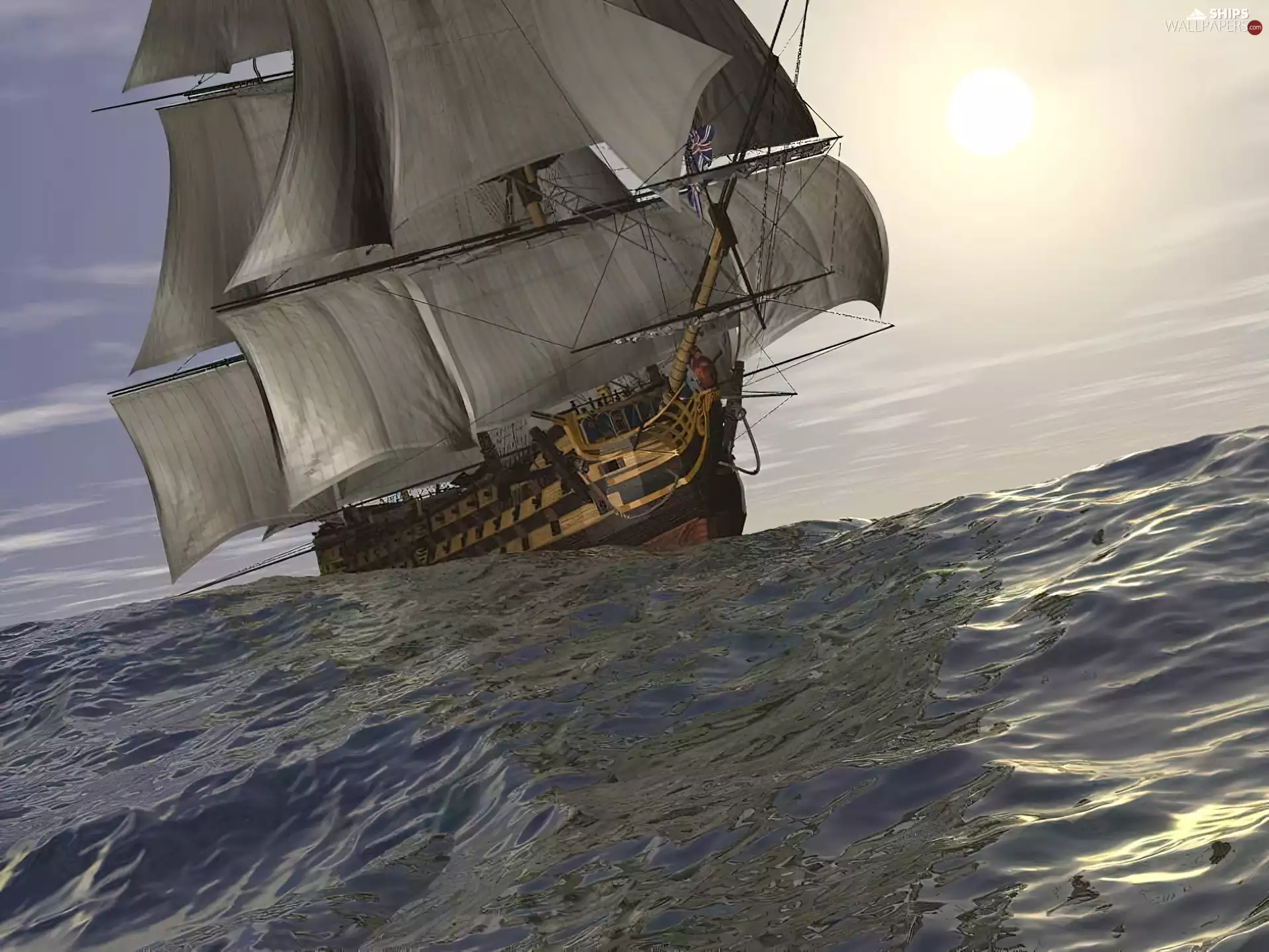 sailing vessel, sea, sun, HMS Victory