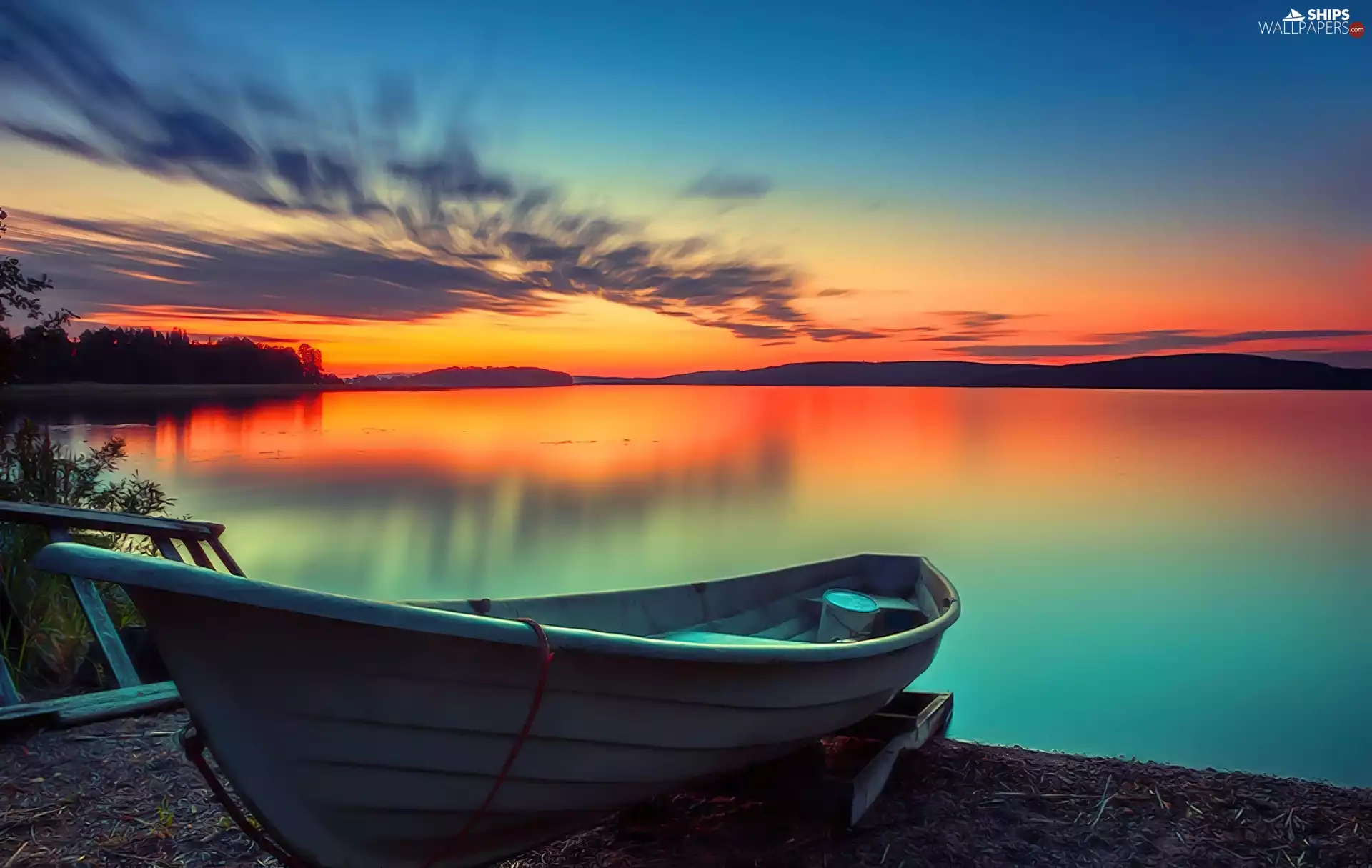 west, lake, Boat, sun