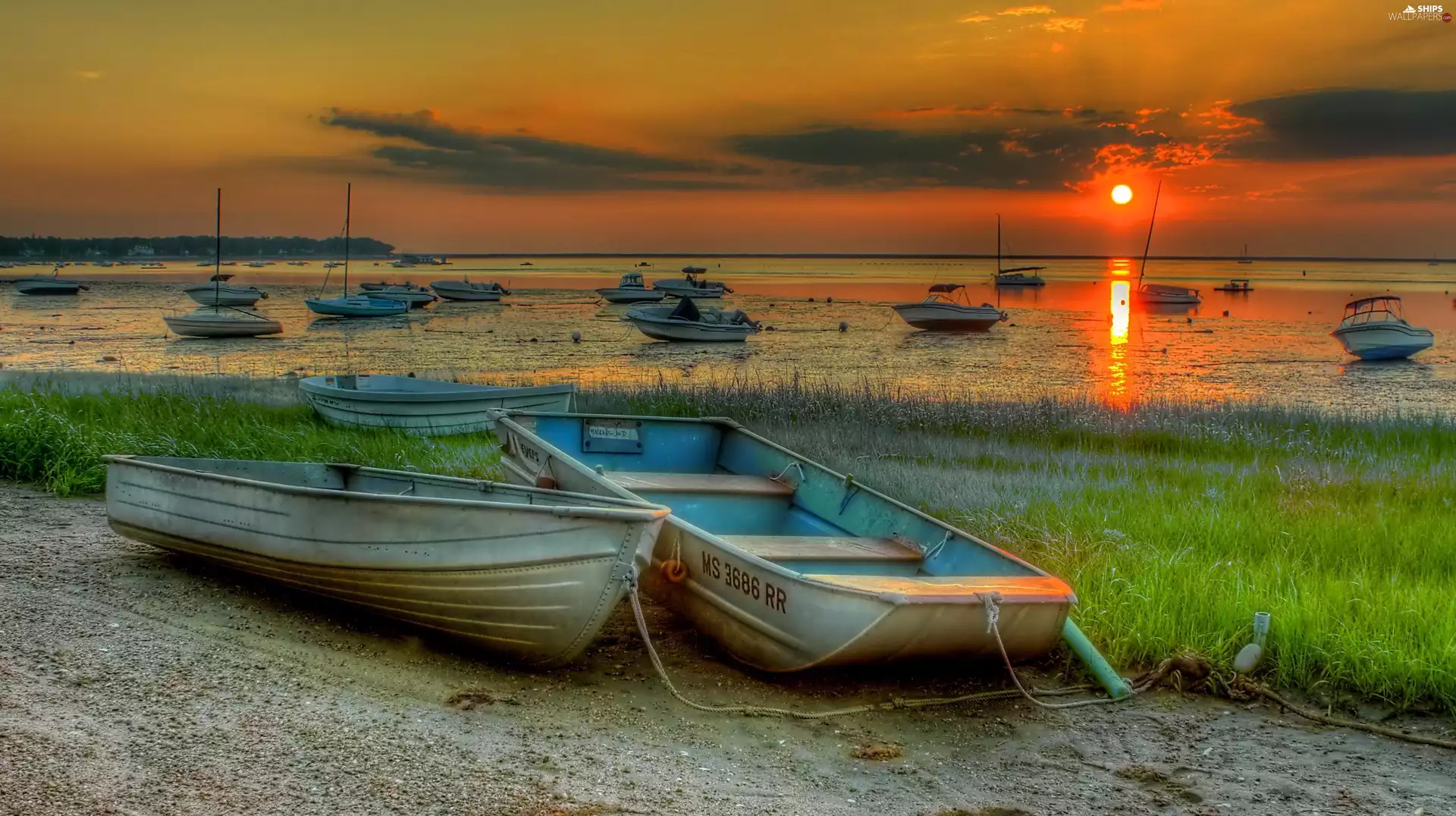 west, sea, boats, sun