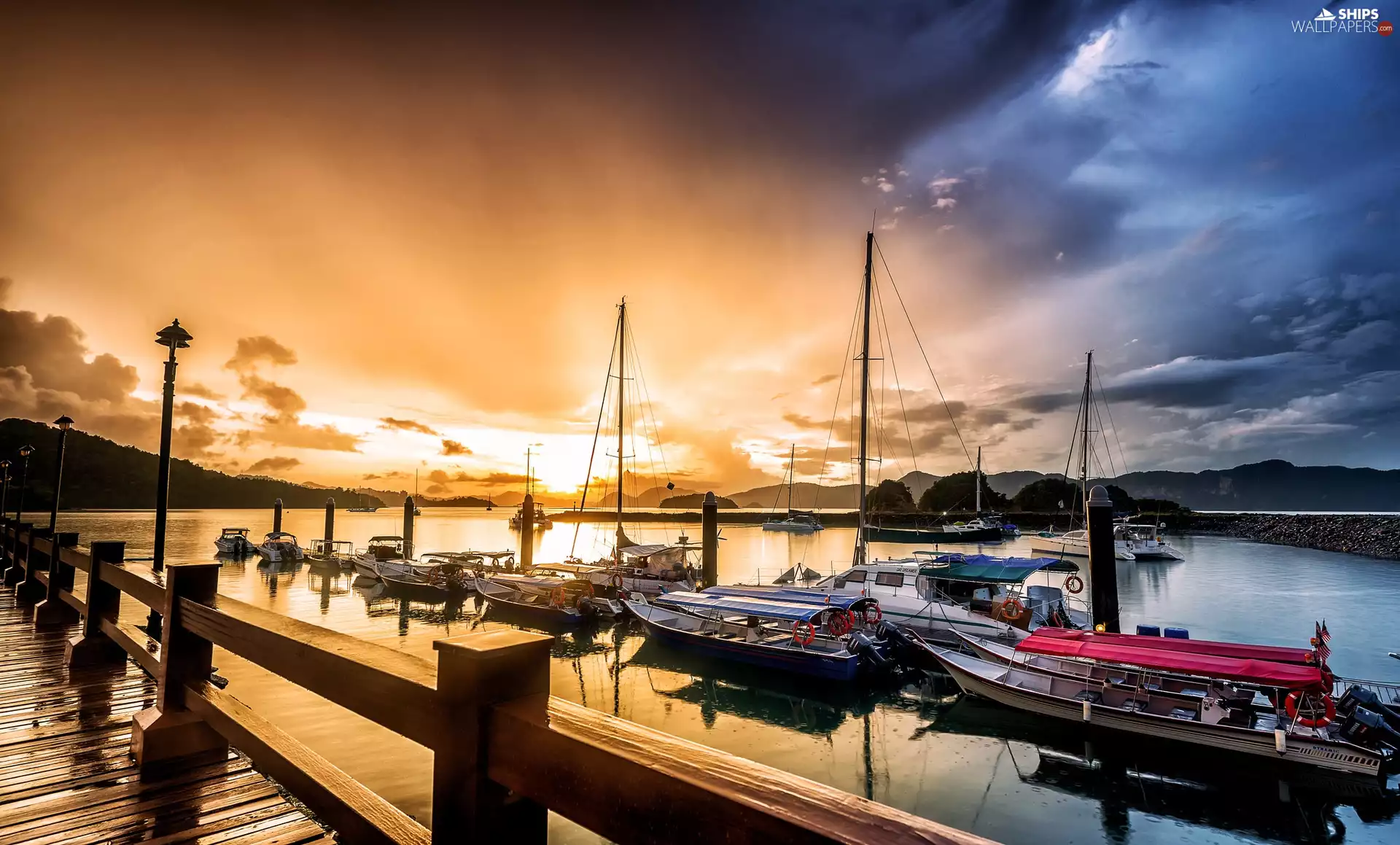 clouds, west, Yachts, Sun, lake, Boats, pier