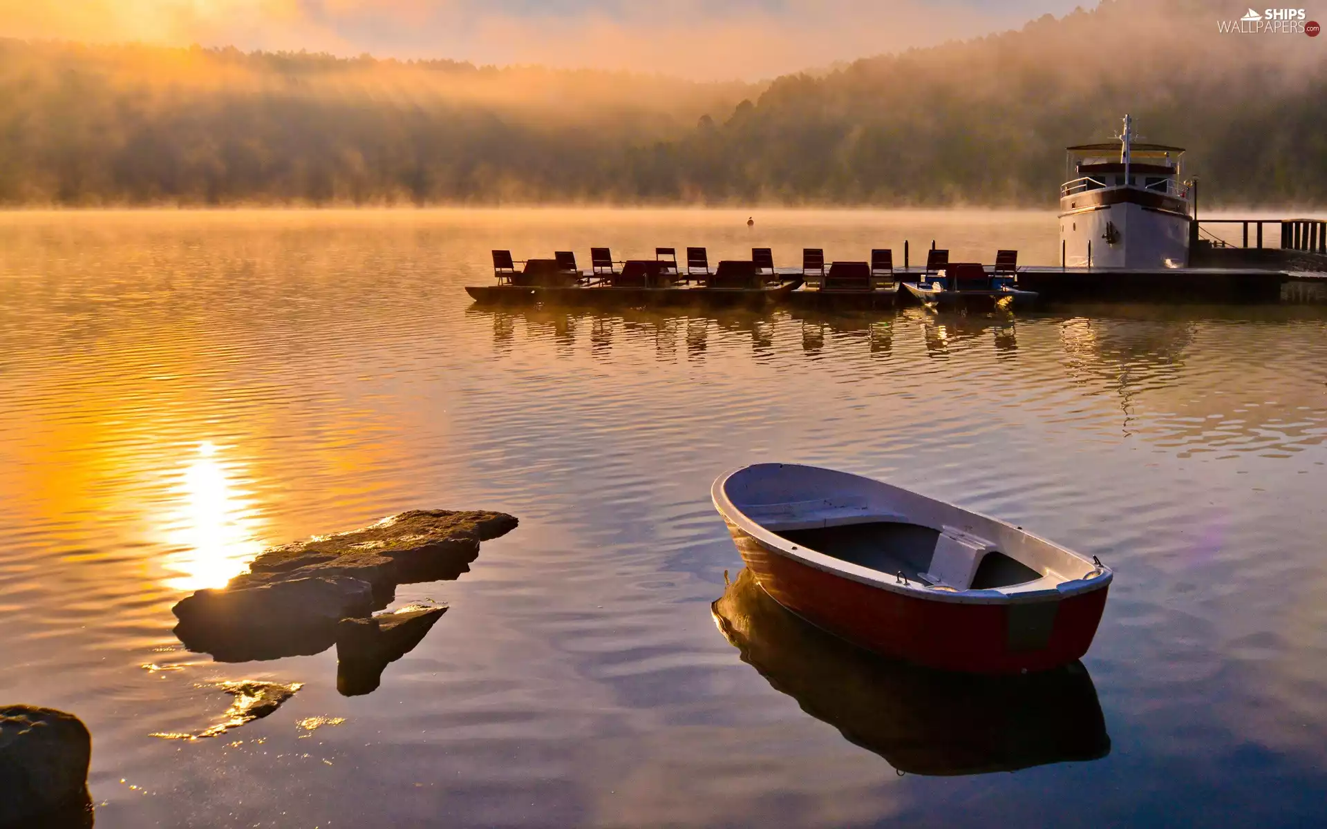 lake, Sunrise, bath-tub, Fog