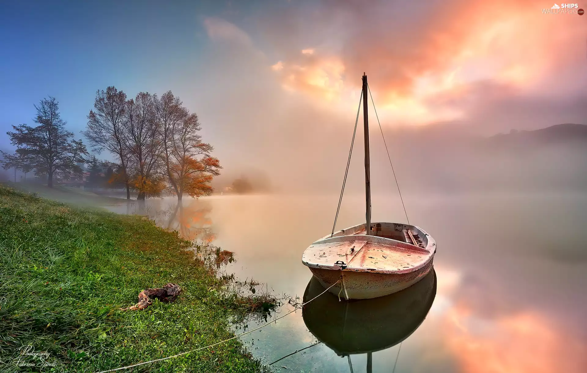 trees, lake, Fog, Sunrise, viewes, Boat