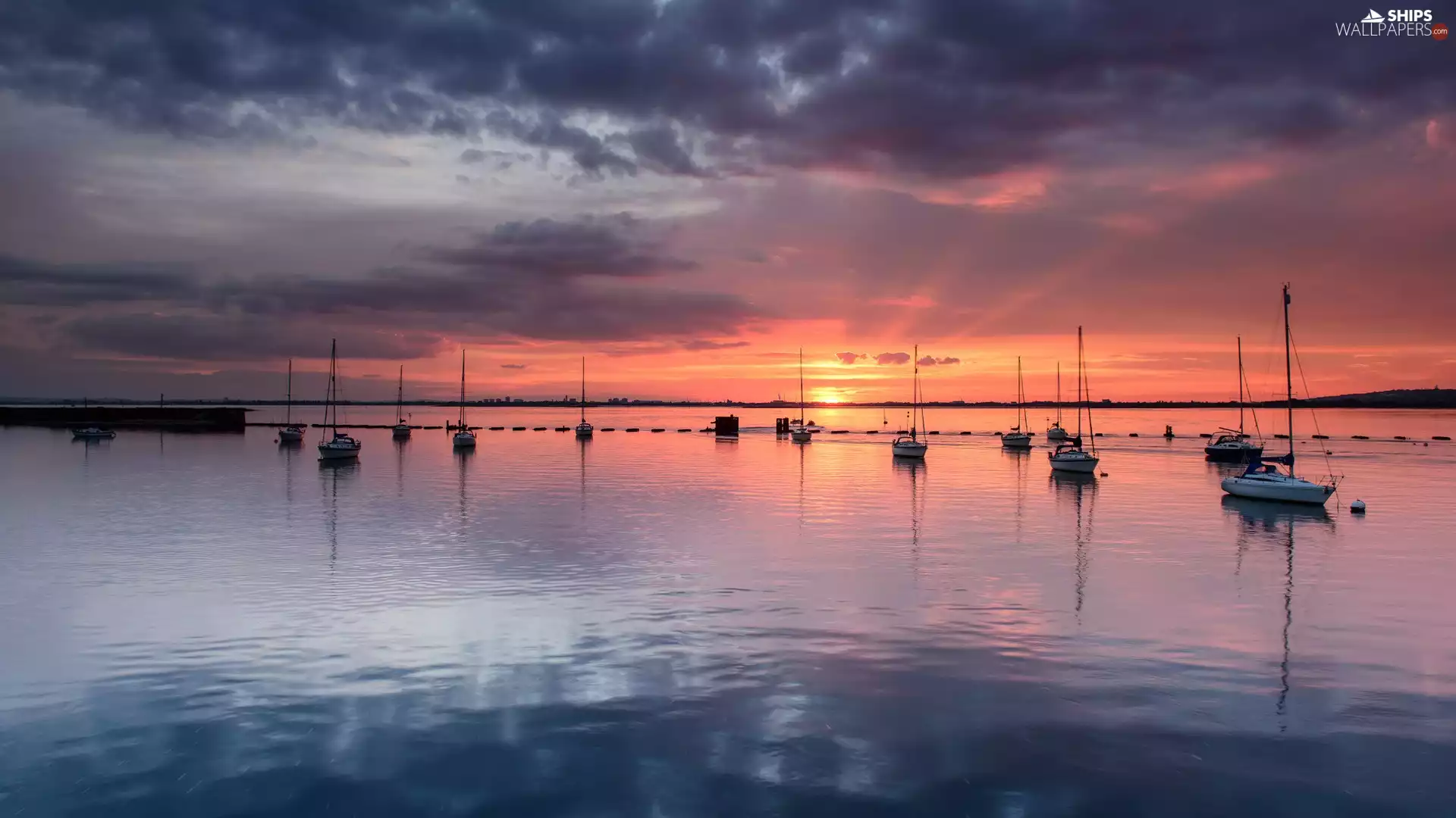 Sunrise, lake, Boats