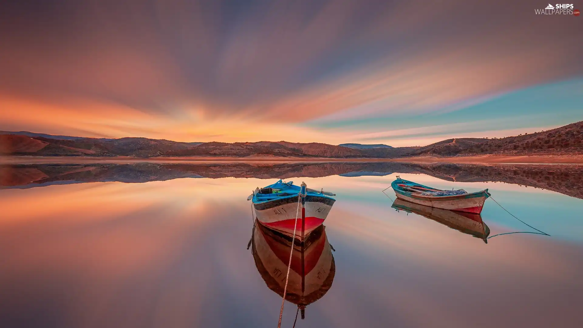 Sunrise, lake, boats