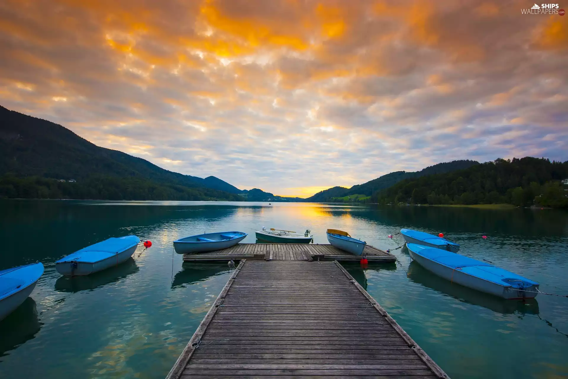 Platform, lake, viewes, Sunrise, trees, boats