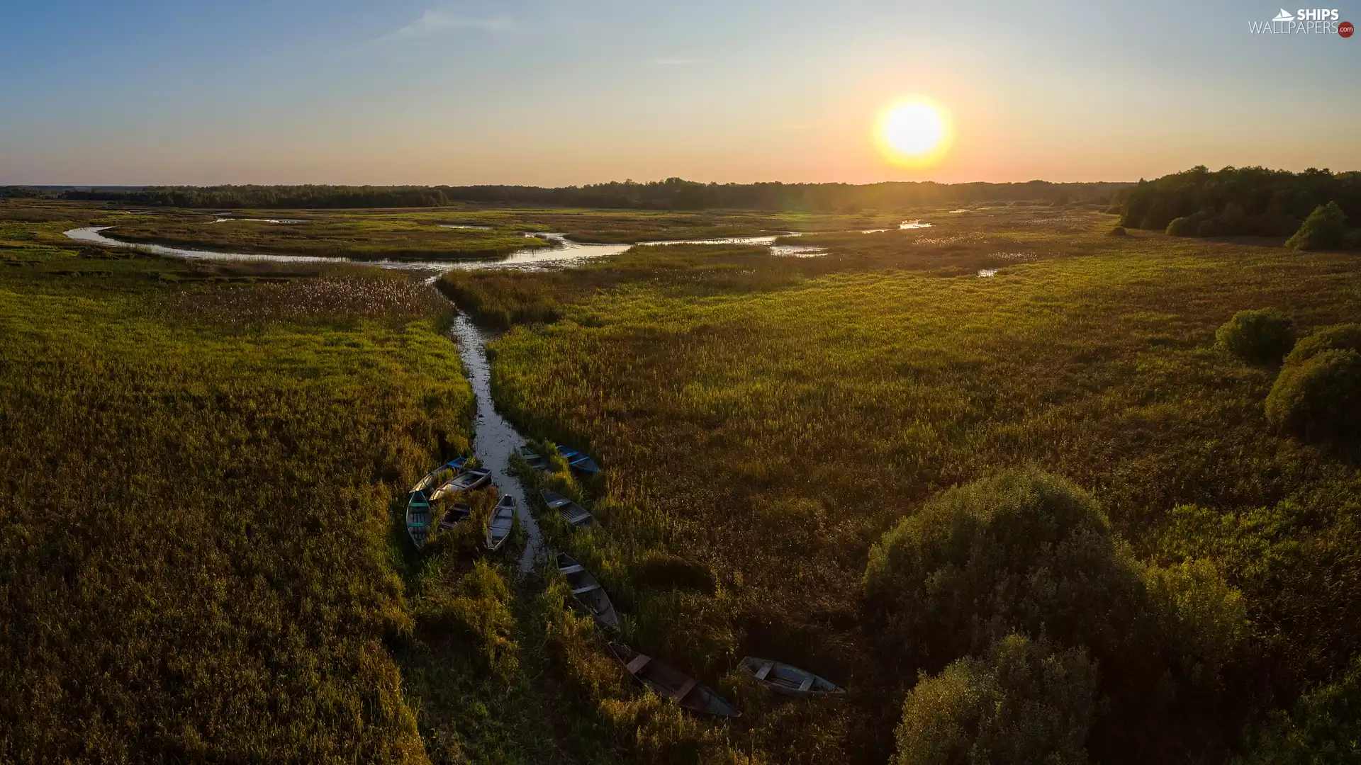viewes, medows, boats, Sunrise, River, trees