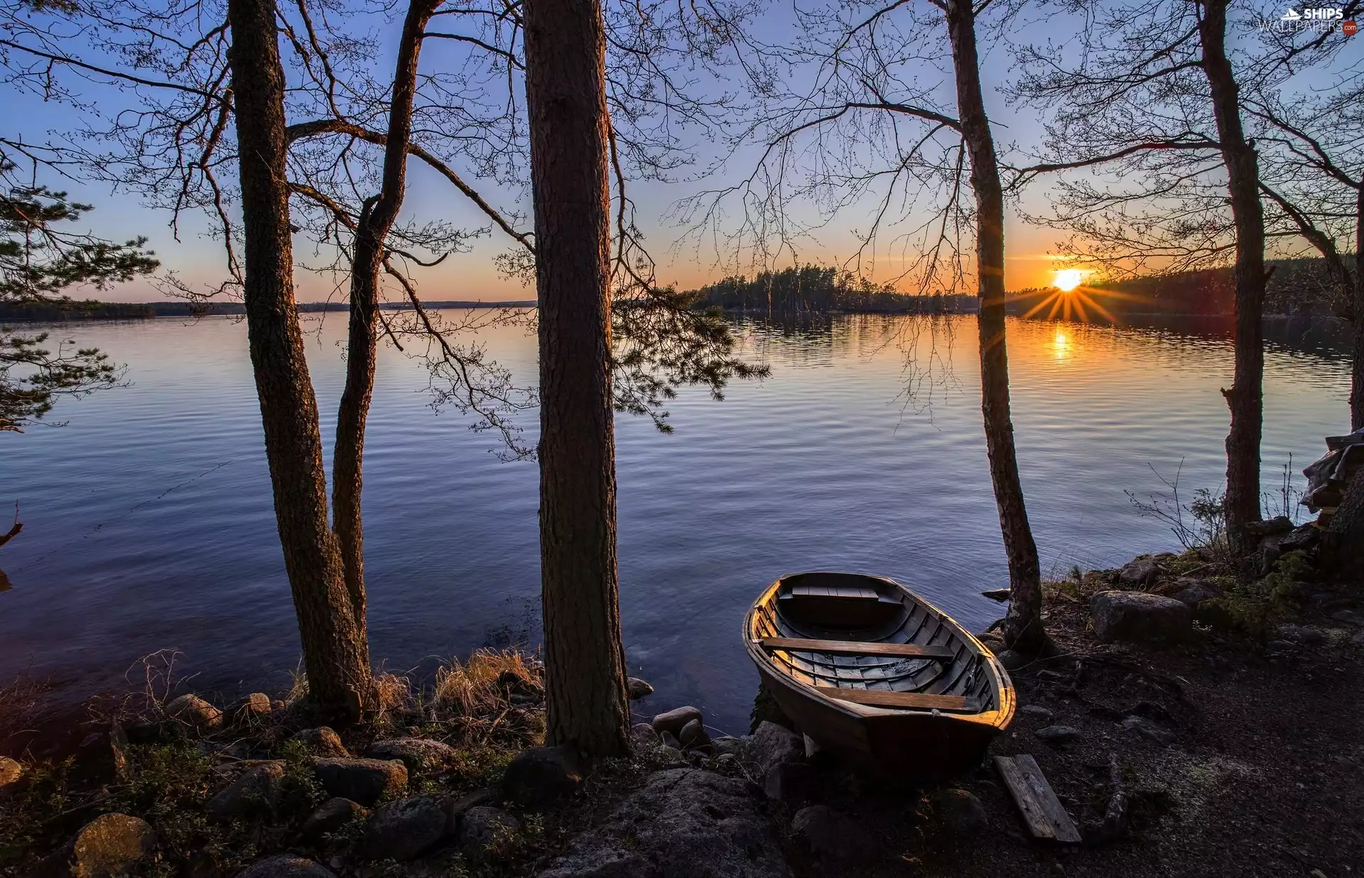 lake, Sunrise, viewes, Boat, trees
