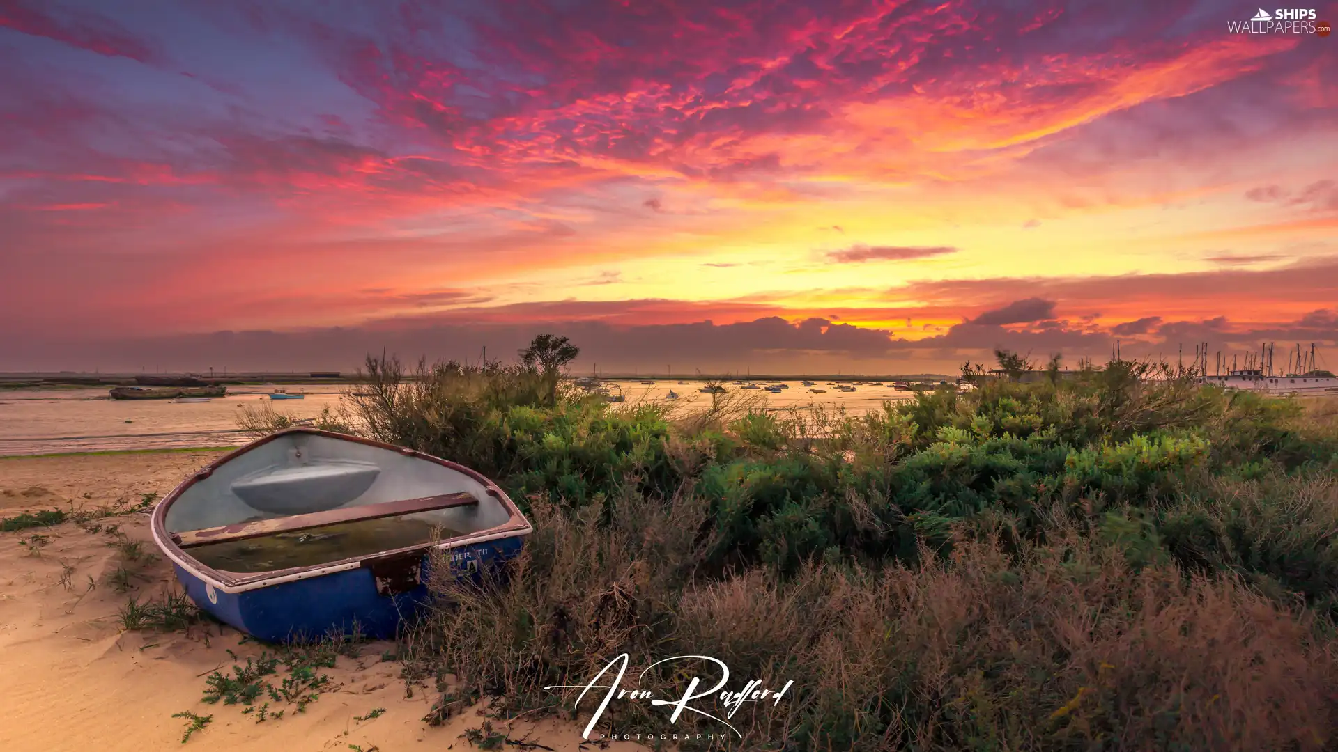 grass, Boat, clouds, Beaches, sea, Bush, Great Sunsets