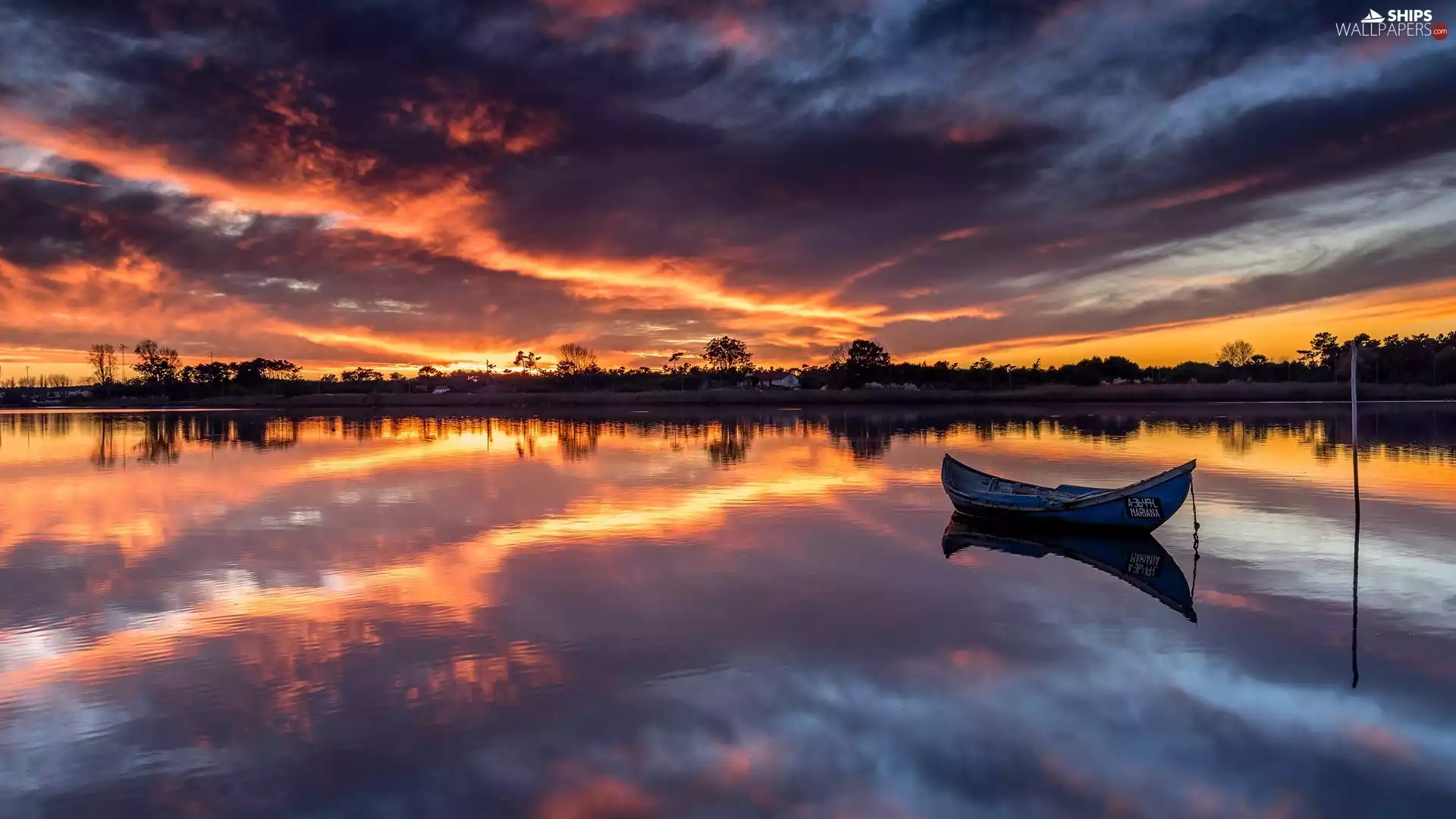 trees, lake, Great Sunsets, clouds, viewes, Boat