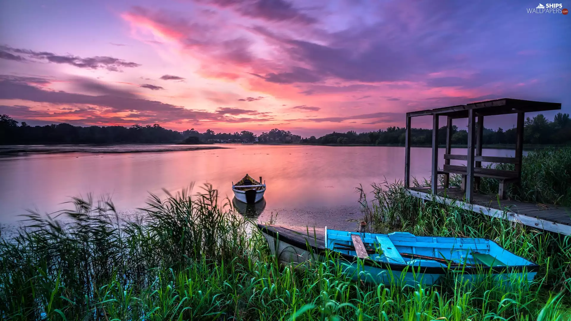 grass, lake, Great Sunsets, clouds, Platform, boats