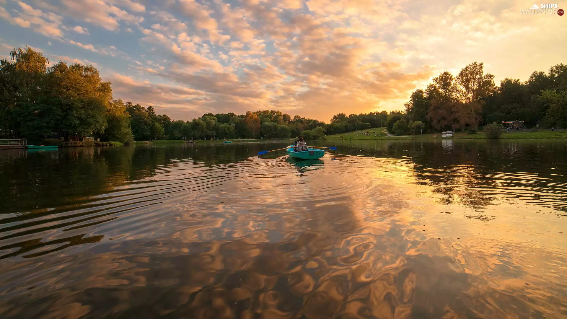 viewes, lake, Great Sunsets, clouds, Boat, trees