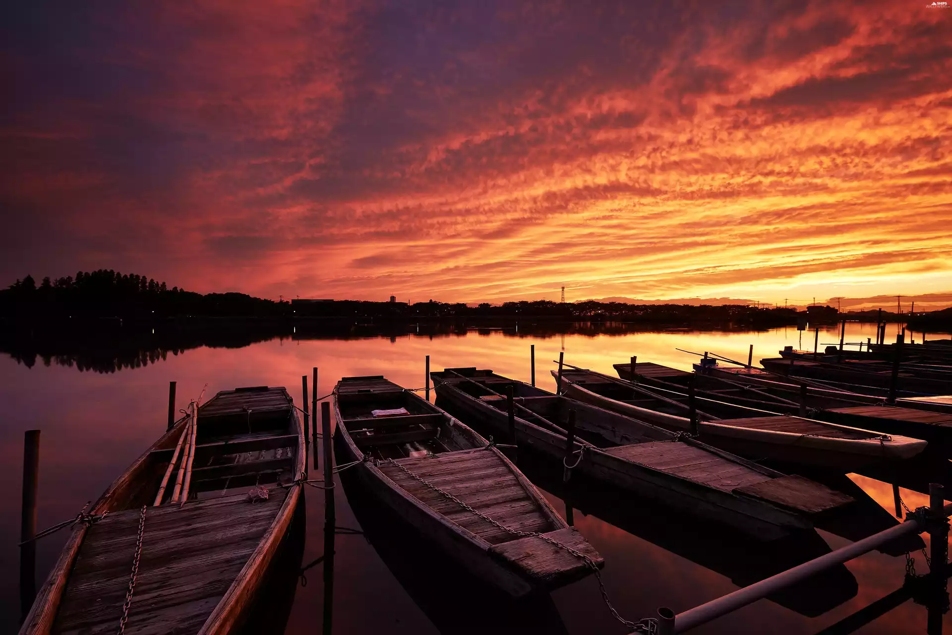 Kayaks, lake, Great Sunsets
