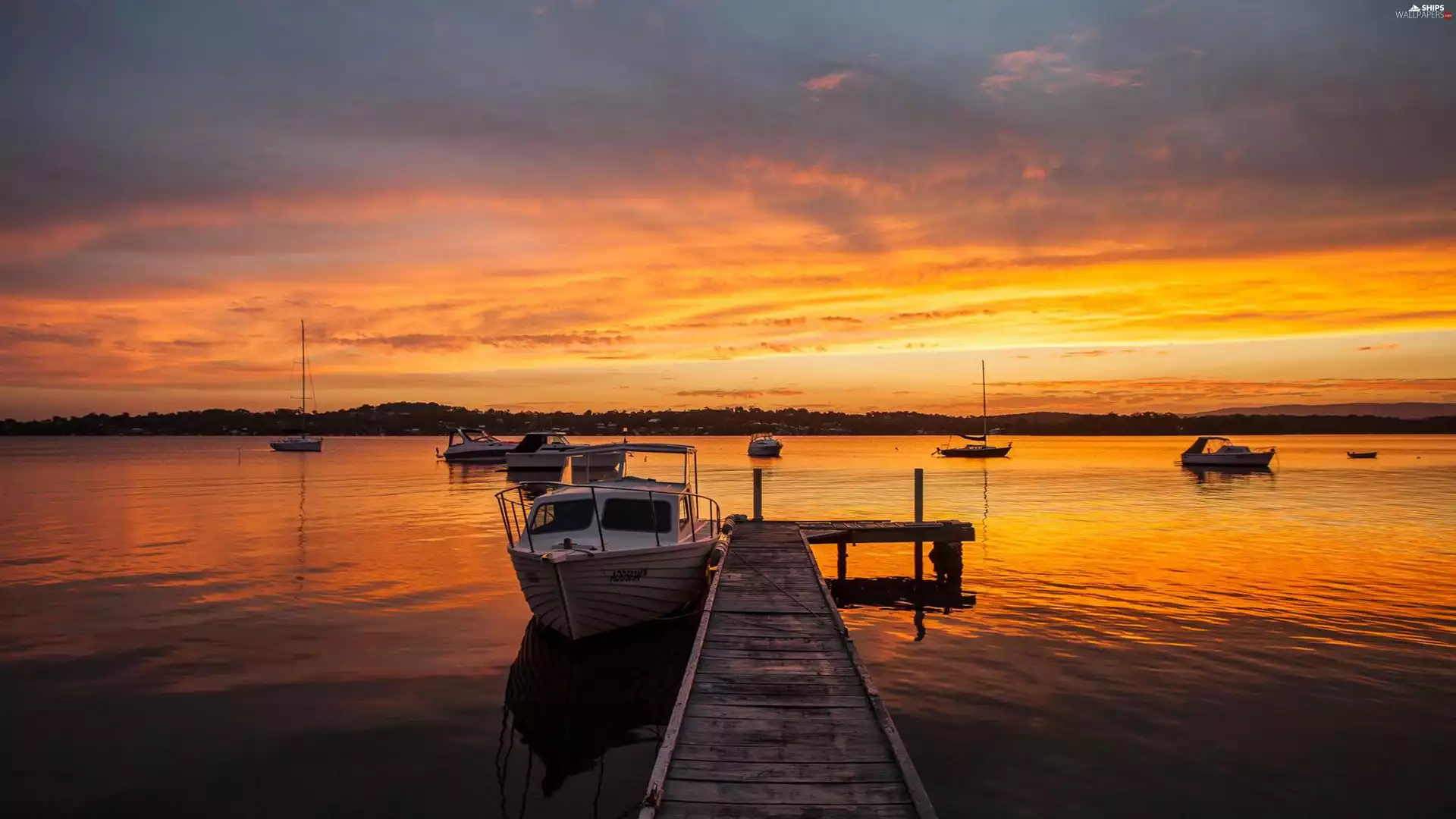 motorboat, Platform, Great Sunsets, Sailboats, lake