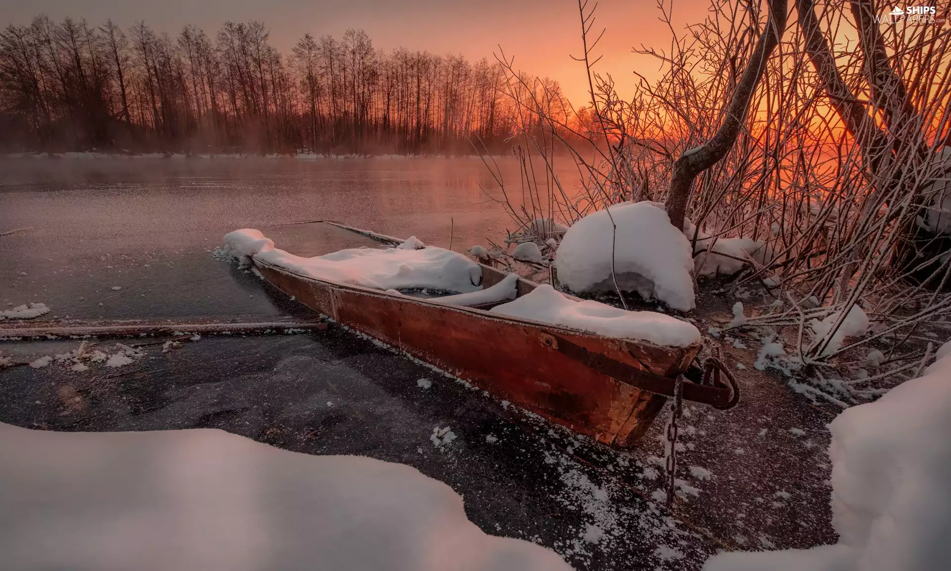 viewes, lake, snow, trees, winter, Boat, Great Sunsets